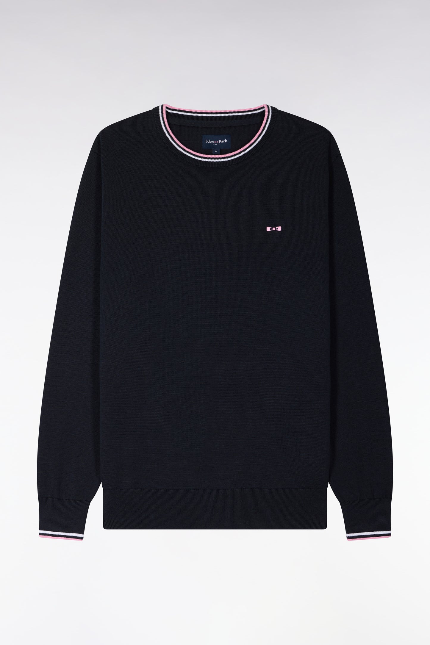 Pull col rond en coton marine à rayures fines