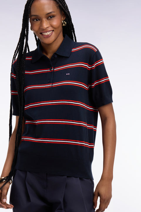 Pull à manches courtes rayé en coton et soie mélangés marine coupe regular - Image 1