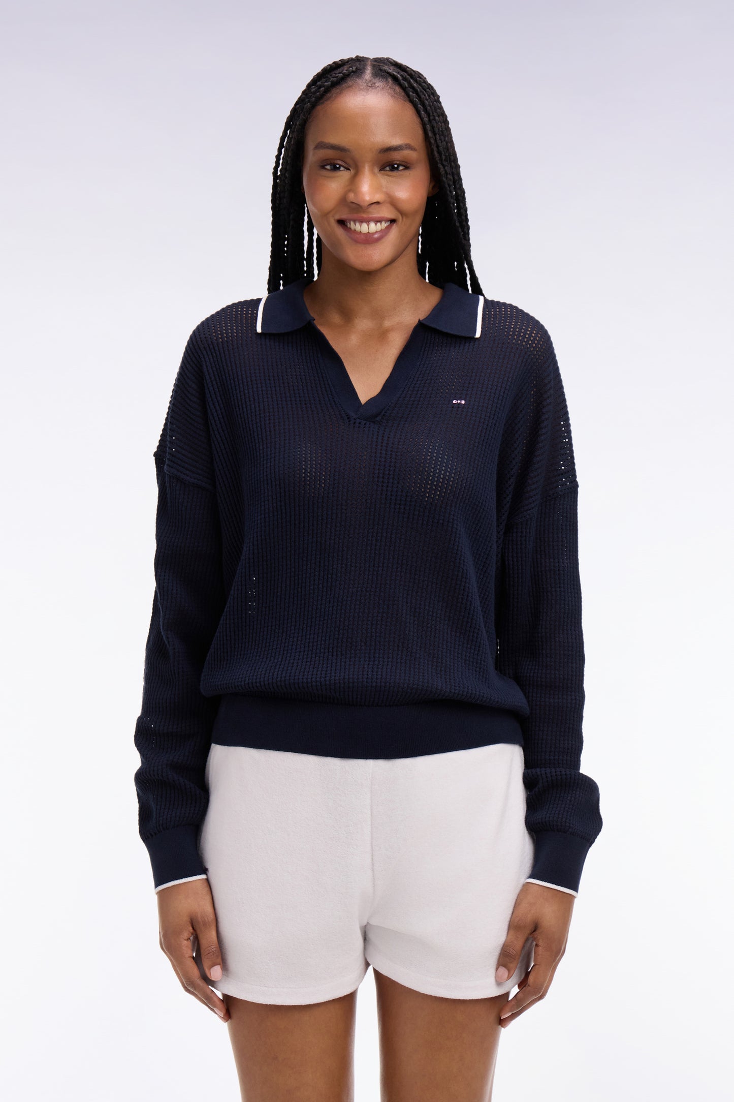 Pull col polo en coton marine