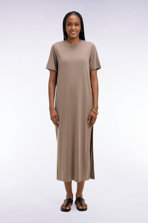Beige straight cut lyocell and cotton T-shirt dress - Image 3
