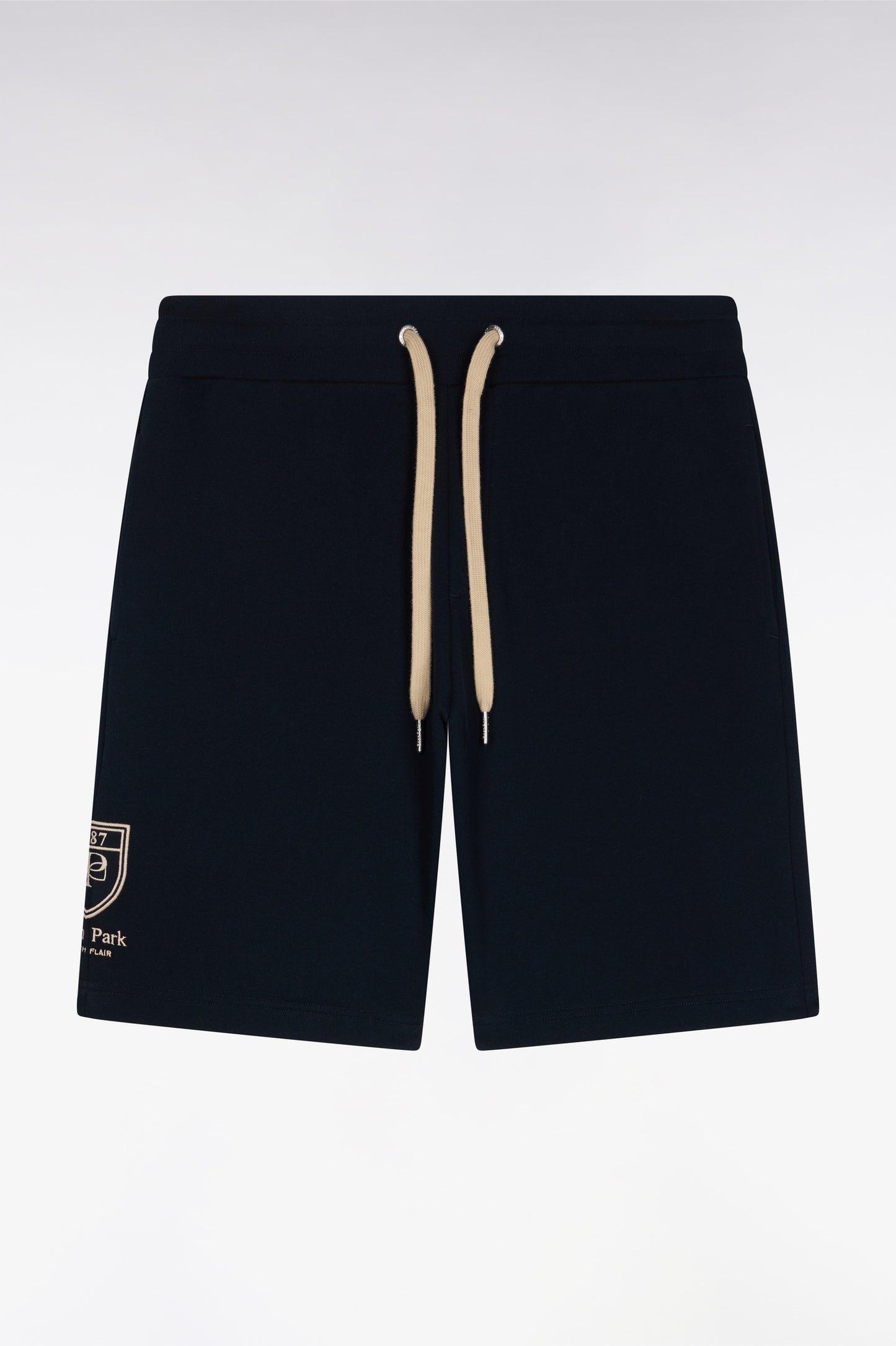 Navy cotton fleece shorts with embroidered badge
