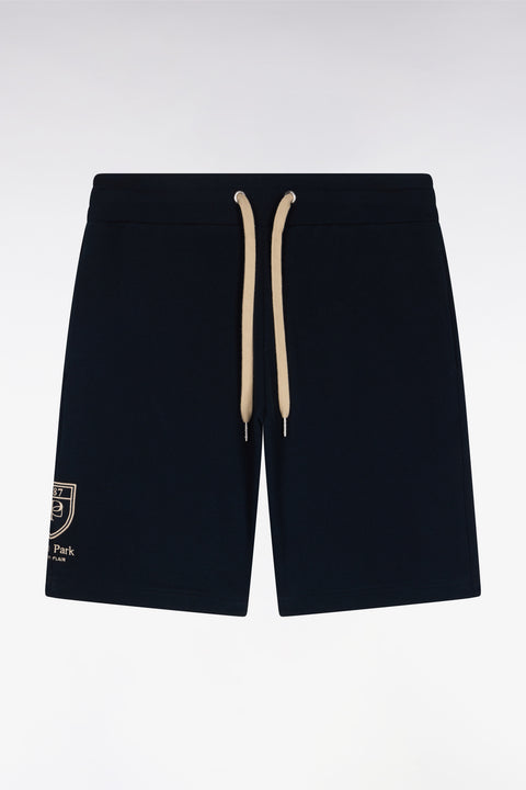 Navy cotton fleece shorts with embroidered badge - Image 2