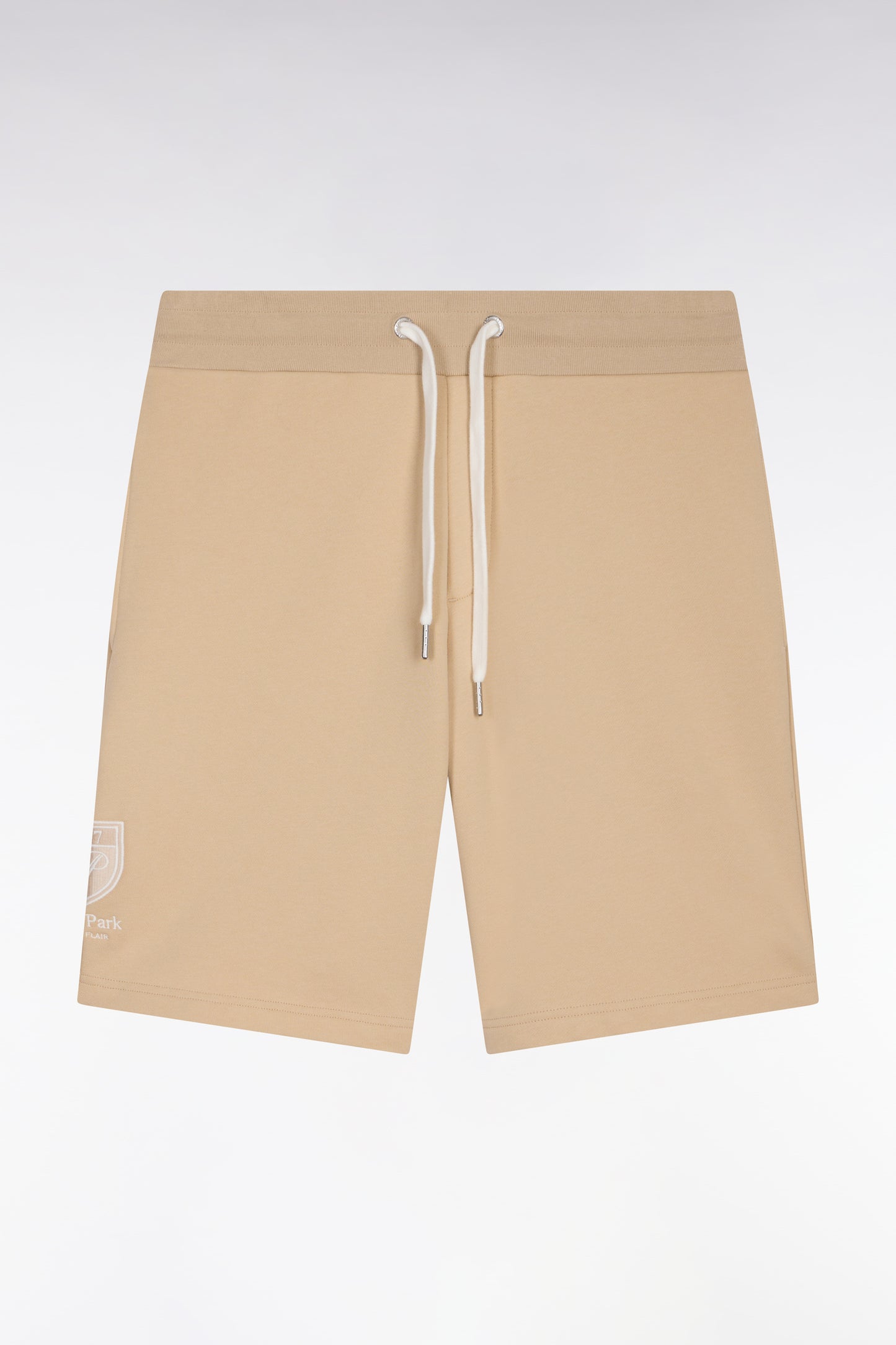 Beige cotton fleece shorts with coat of arms embroidery