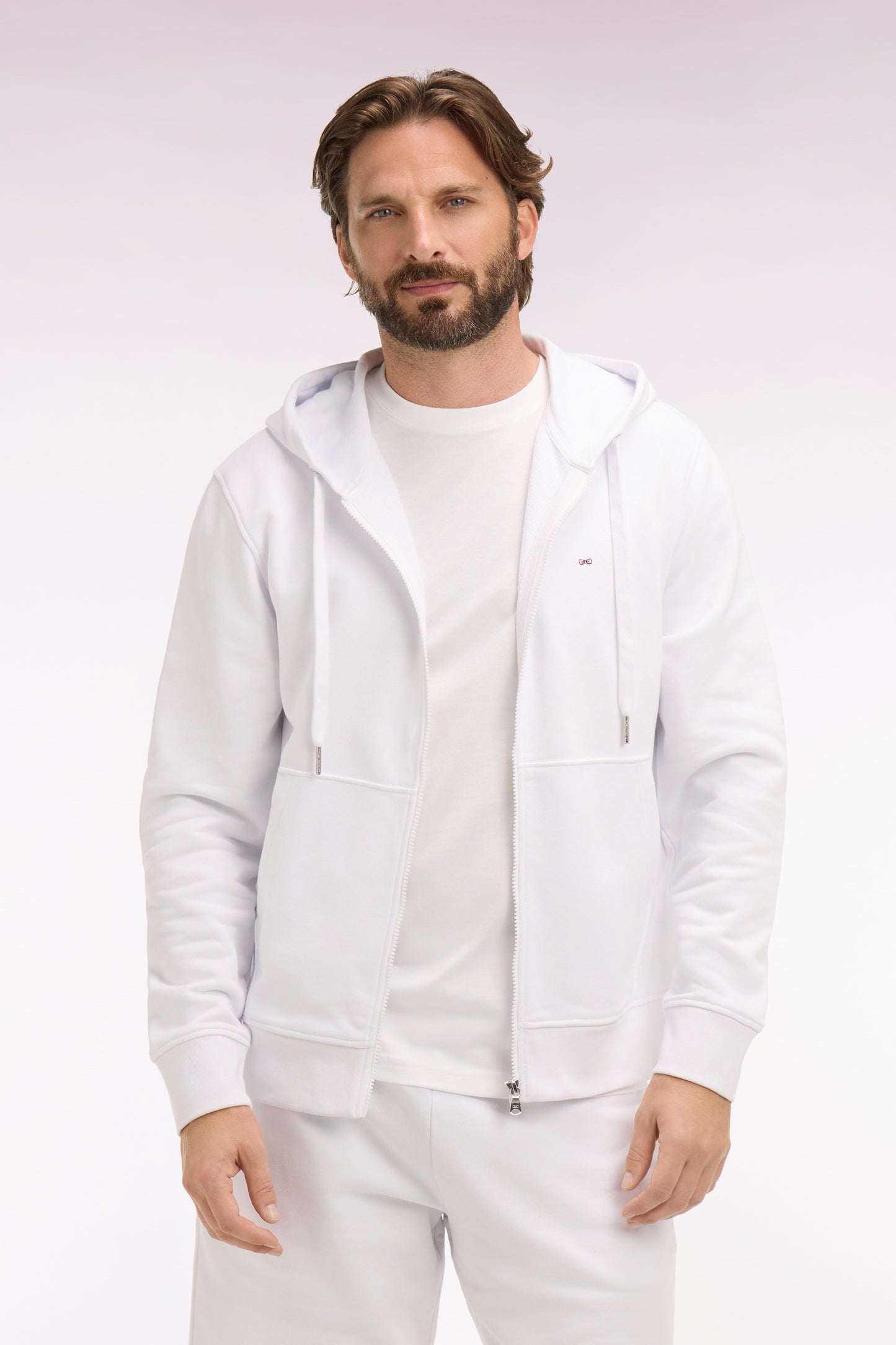 White cotton fleece zipped hooded sweatshirt