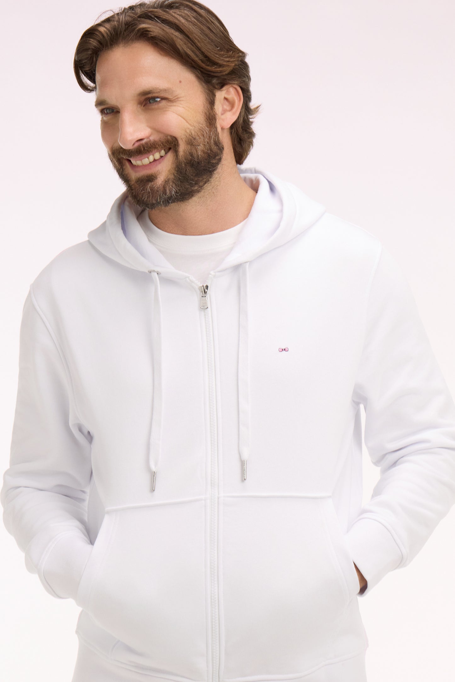 White cotton fleece zipped hooded sweatshirt