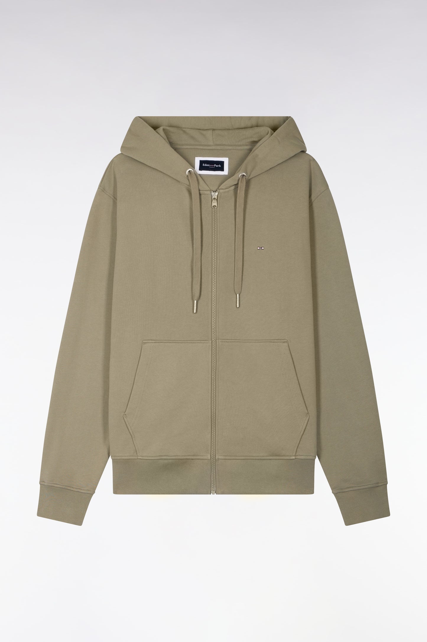 Khaki cotton fleece zipped hooded sweatshirt
