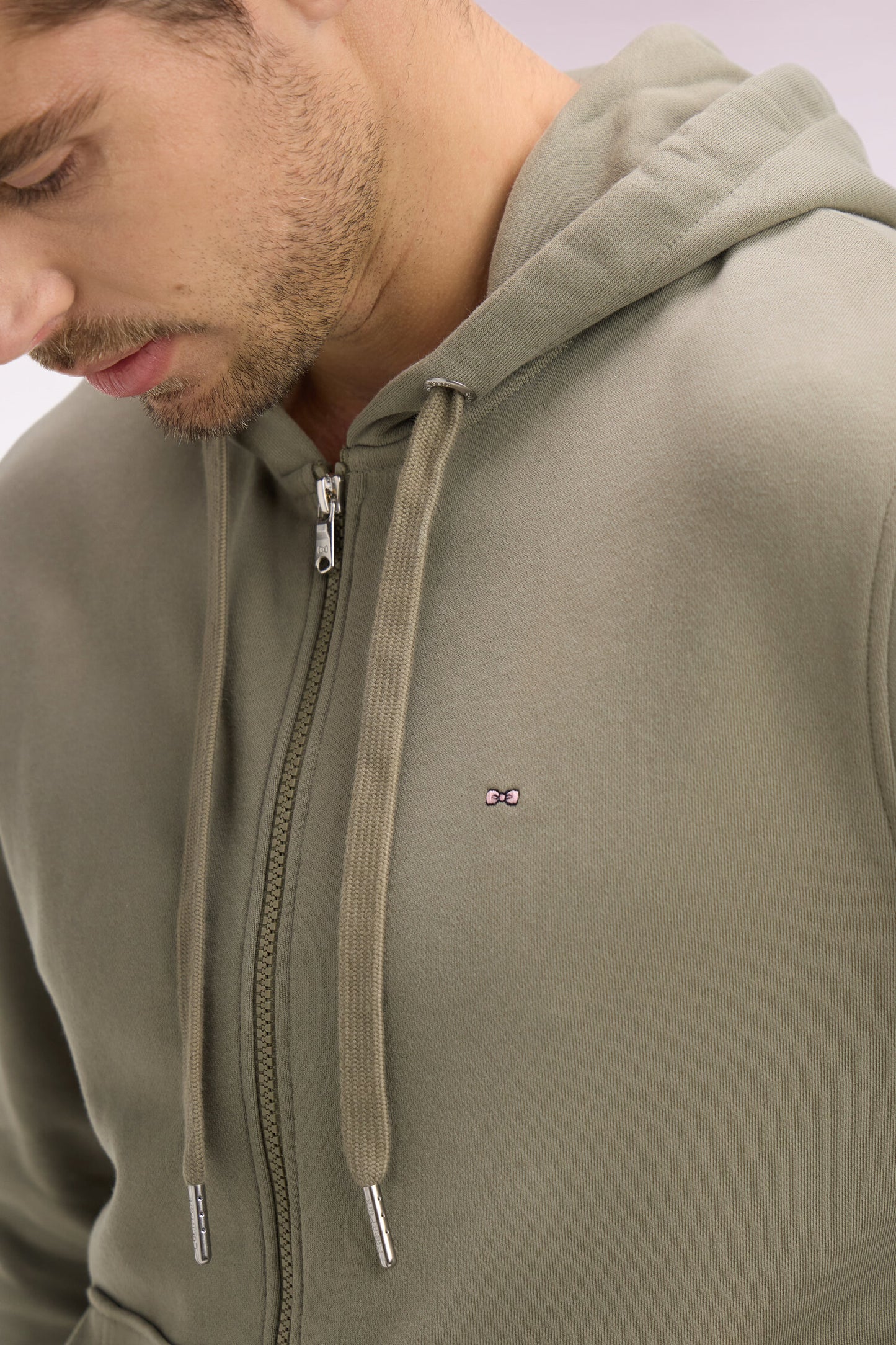 Khaki cotton fleece zipped hooded sweatshirt