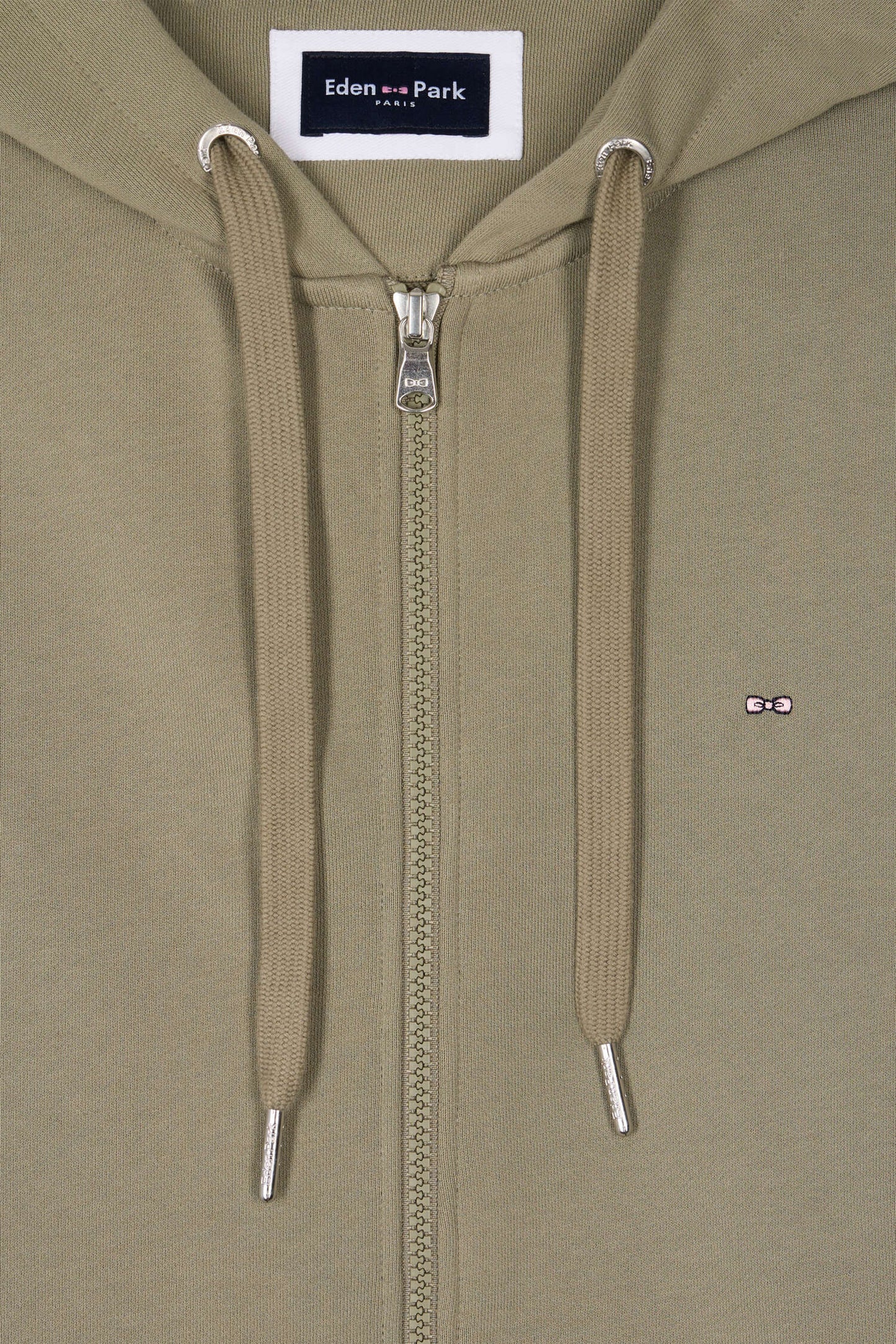 Khaki cotton fleece zipped hooded sweatshirt