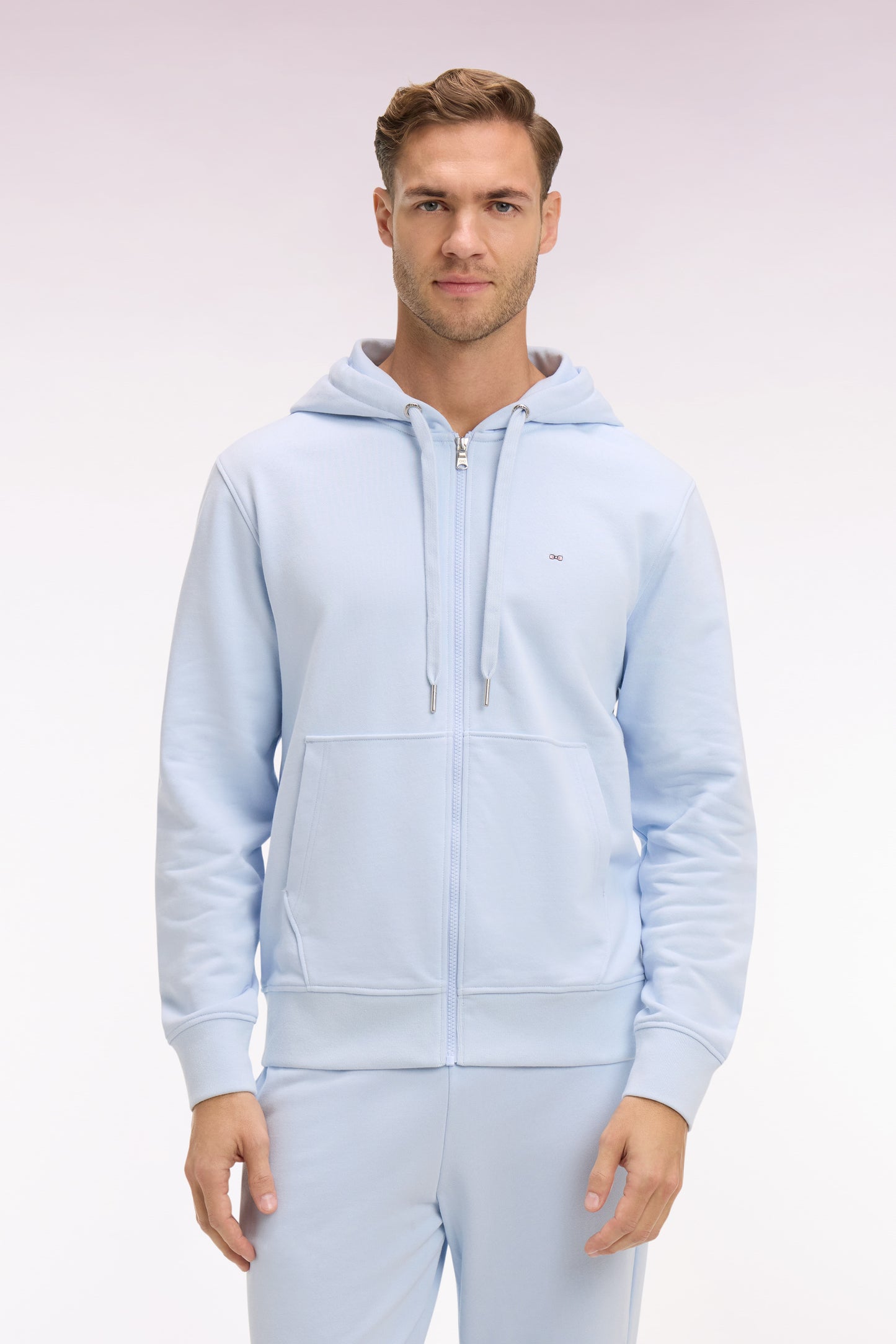 Zipped hooded sweatshirt in sky cotton fleece