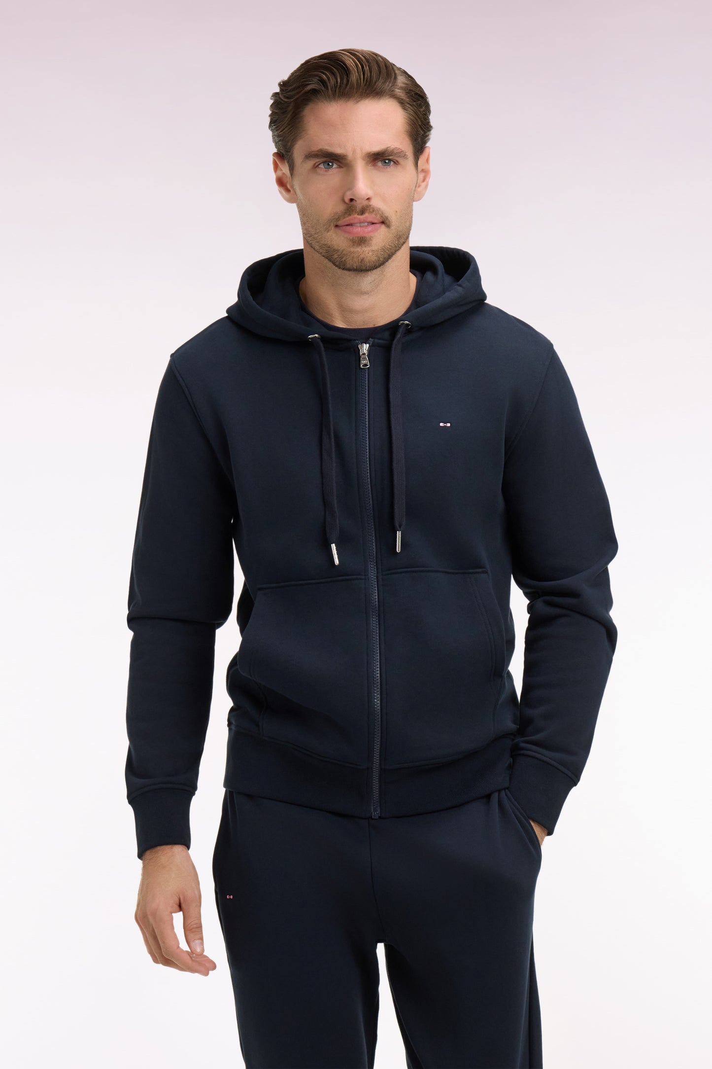 Zippered hooded sweatshirt in navy cotton fleece