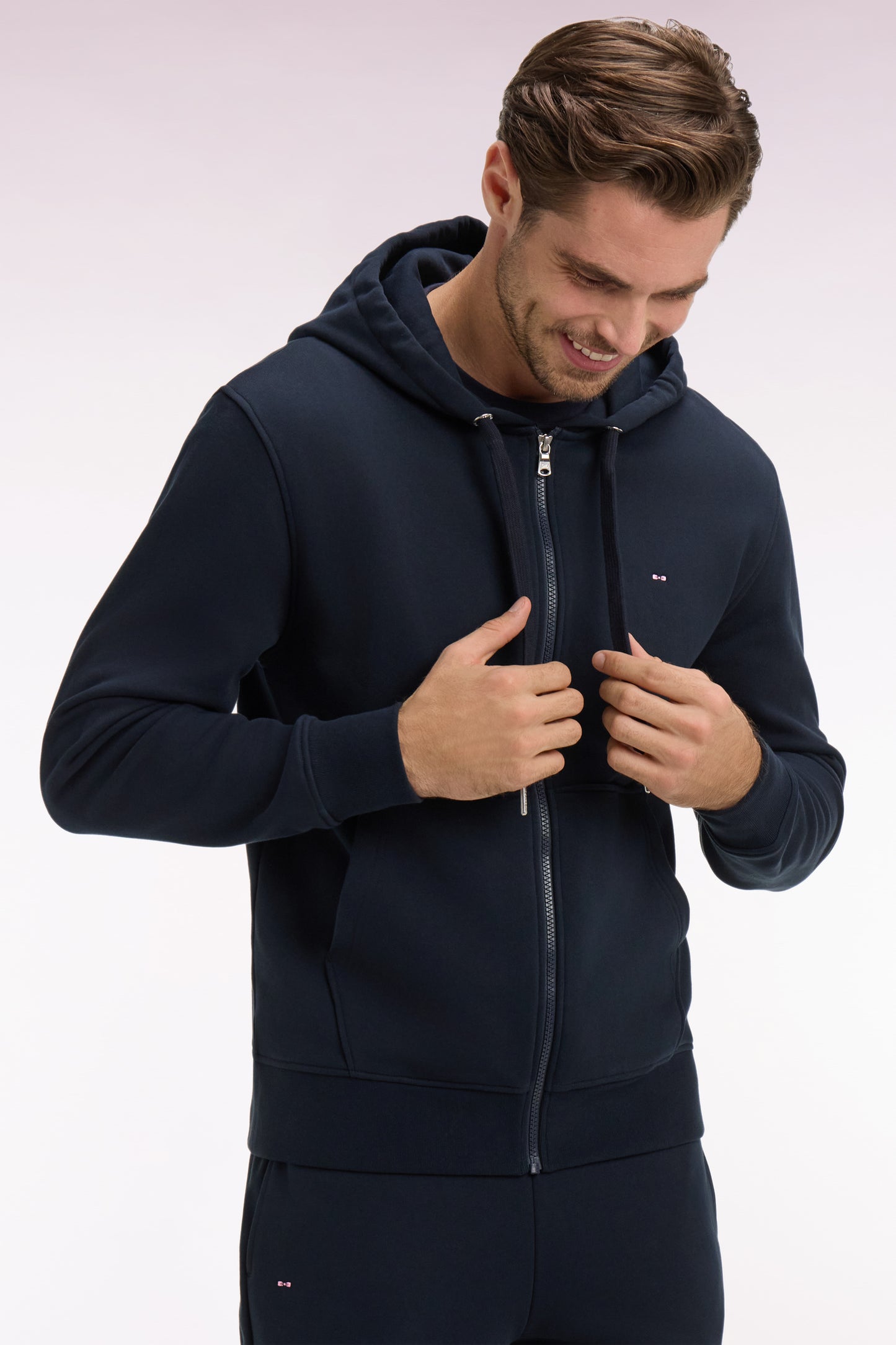 Zippered hooded sweatshirt in navy cotton fleece
