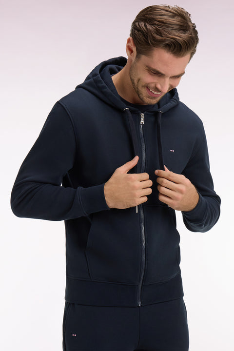 Sweatshirt zippé à capuche en molleton coton marine - Image 1