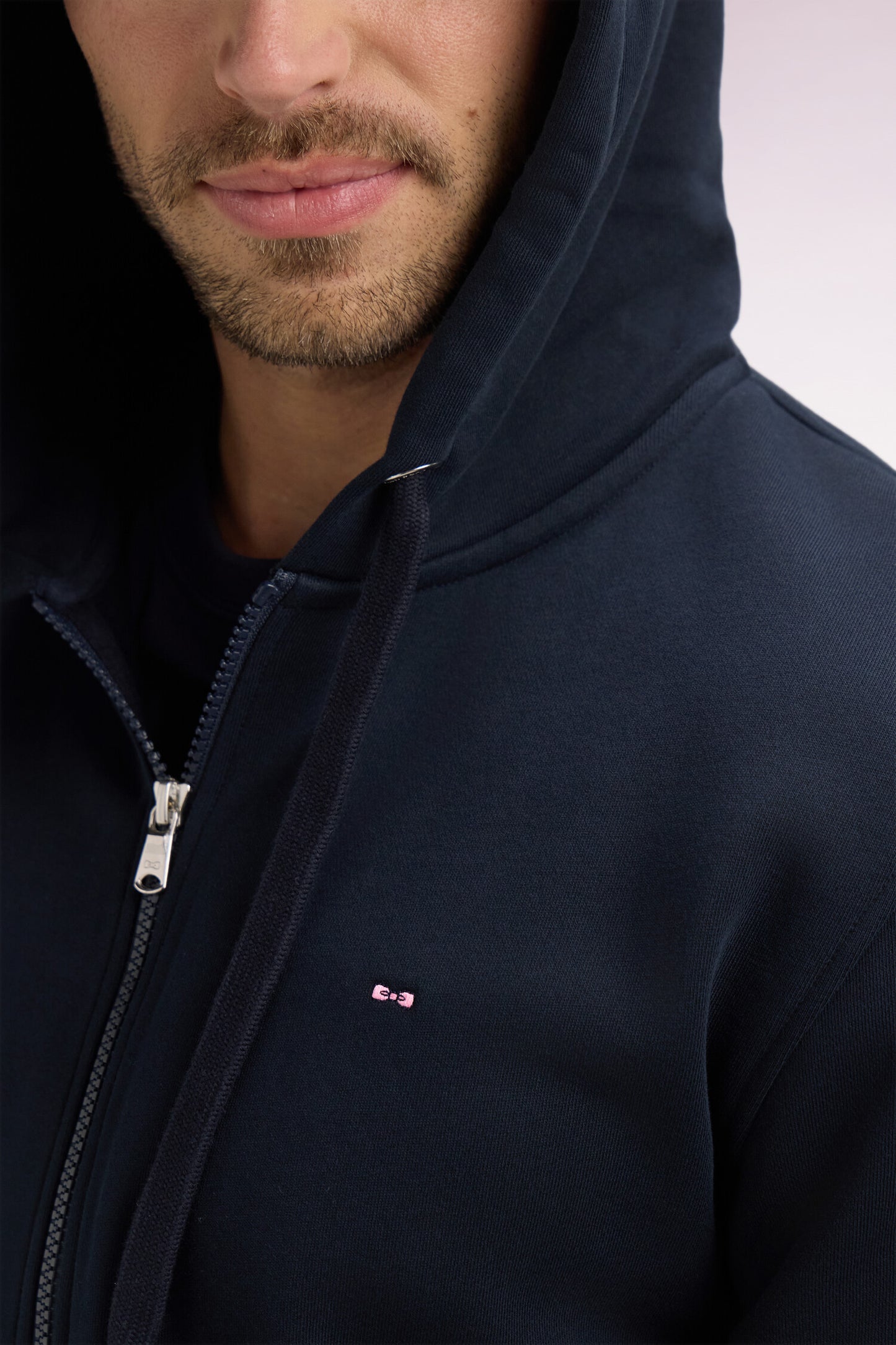 Zippered hooded sweatshirt in navy cotton fleece