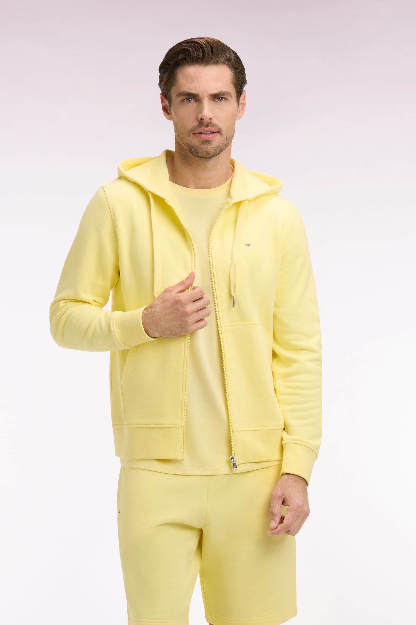 Yellow cotton fleece zipped hooded sweatshirt