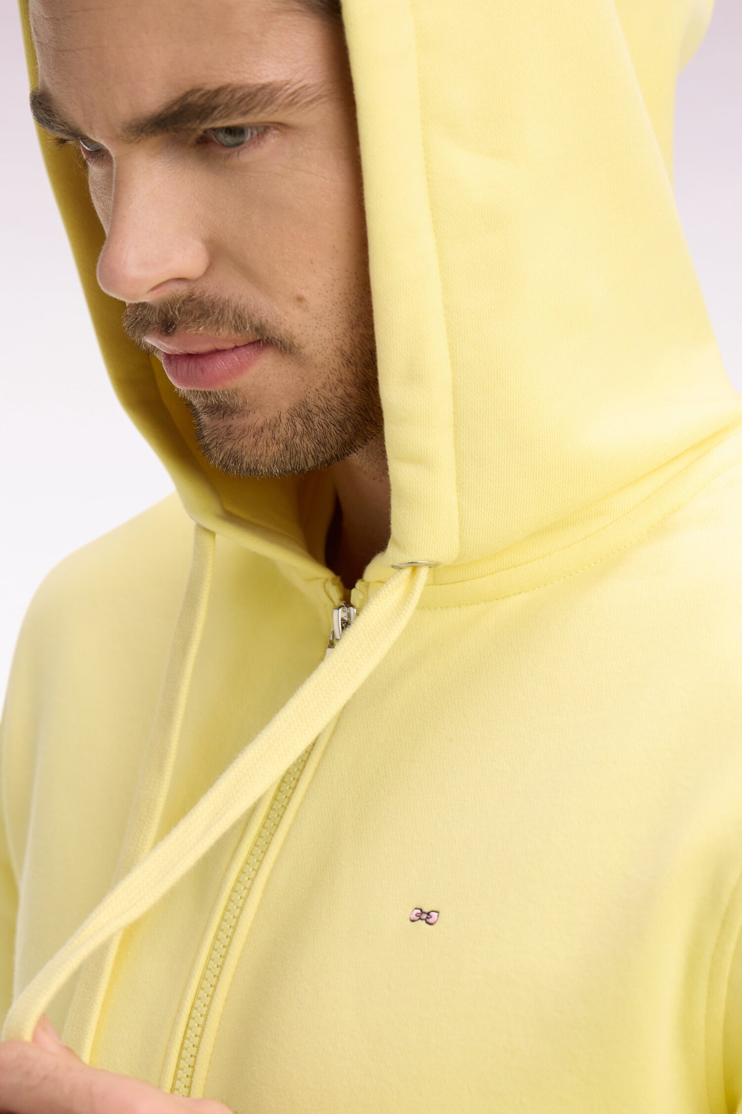 Yellow cotton fleece zipped hooded sweatshirt