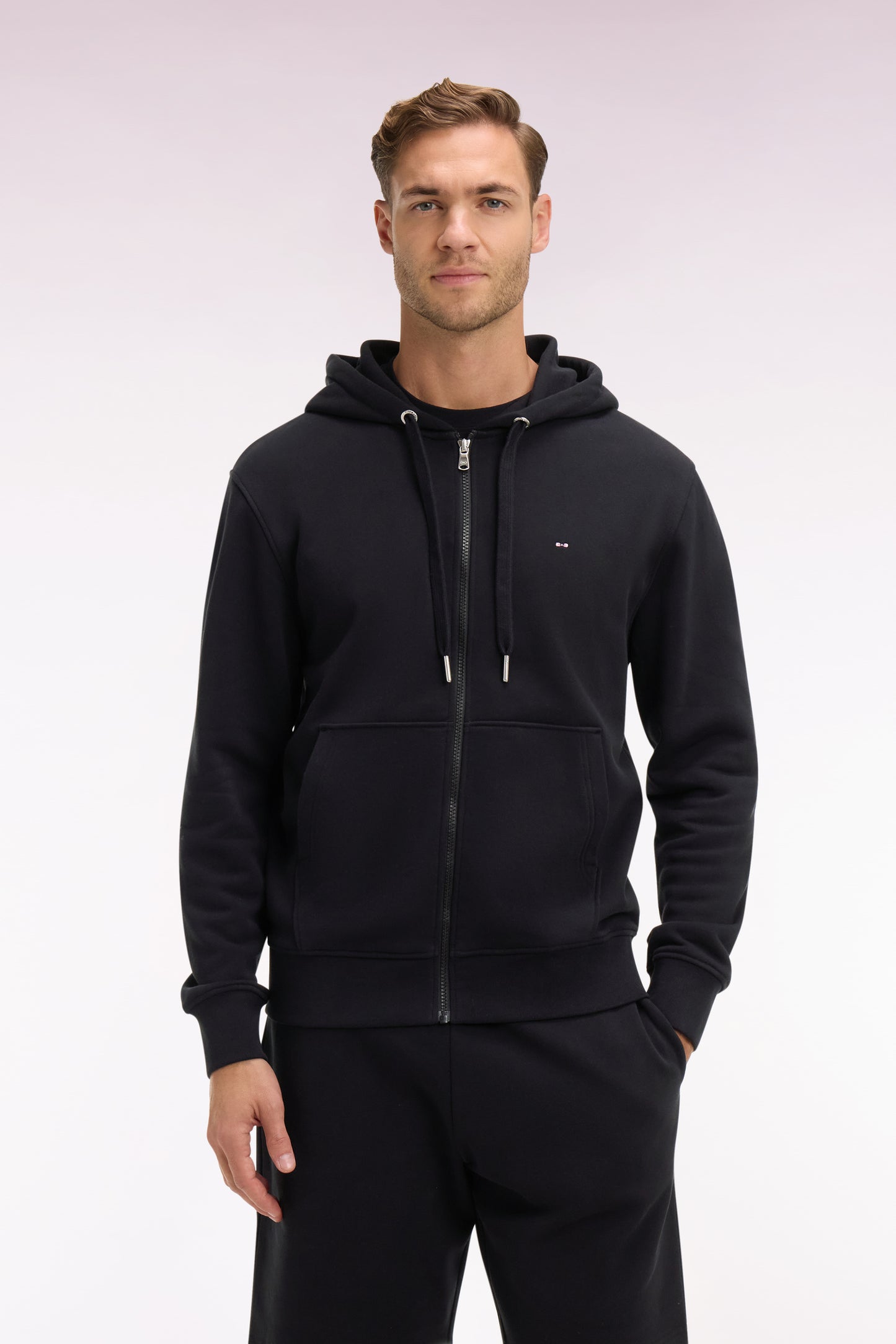 Black cotton fleece zipped hooded sweatshirt