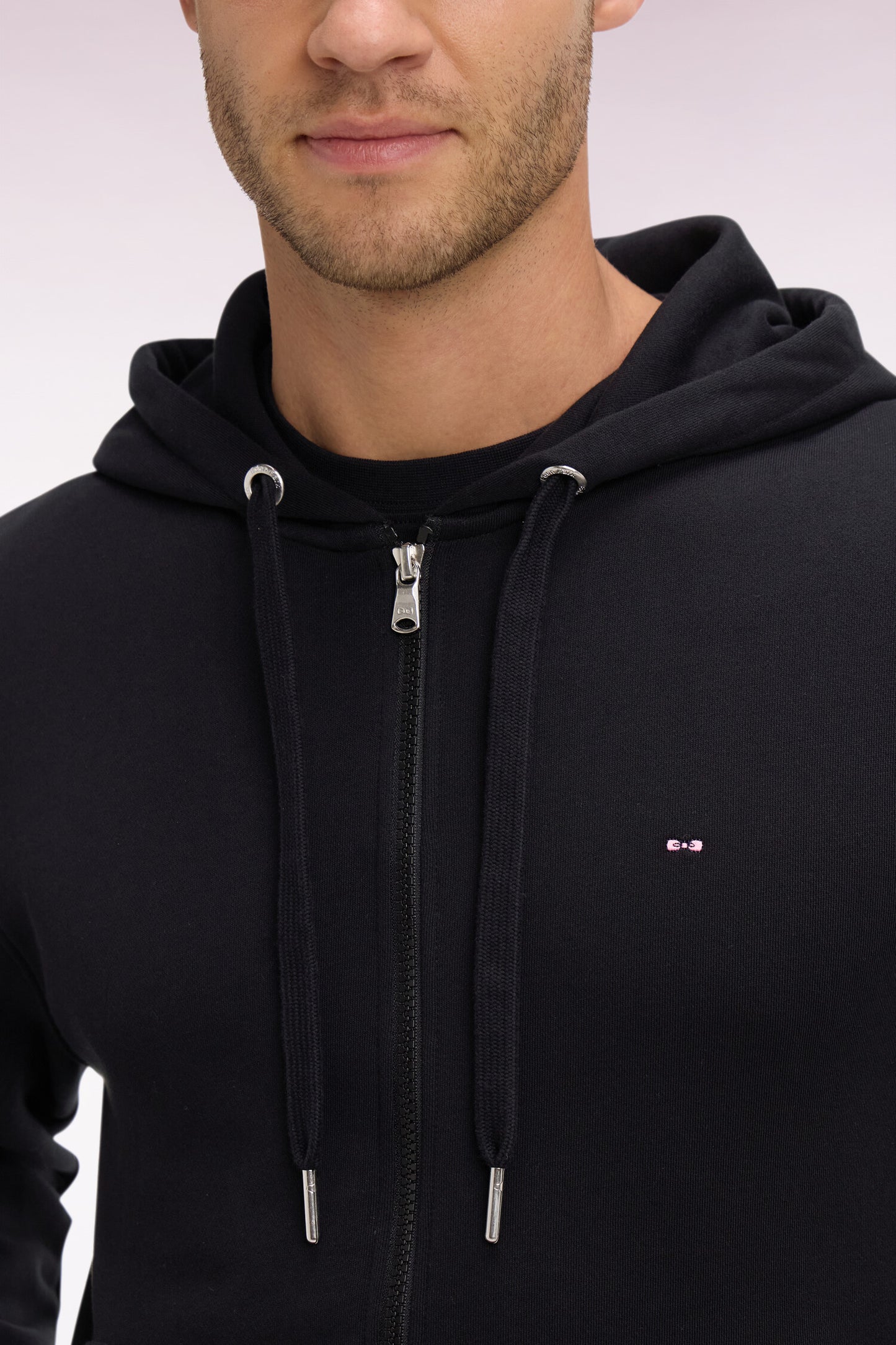 Black cotton fleece zipped hooded sweatshirt
