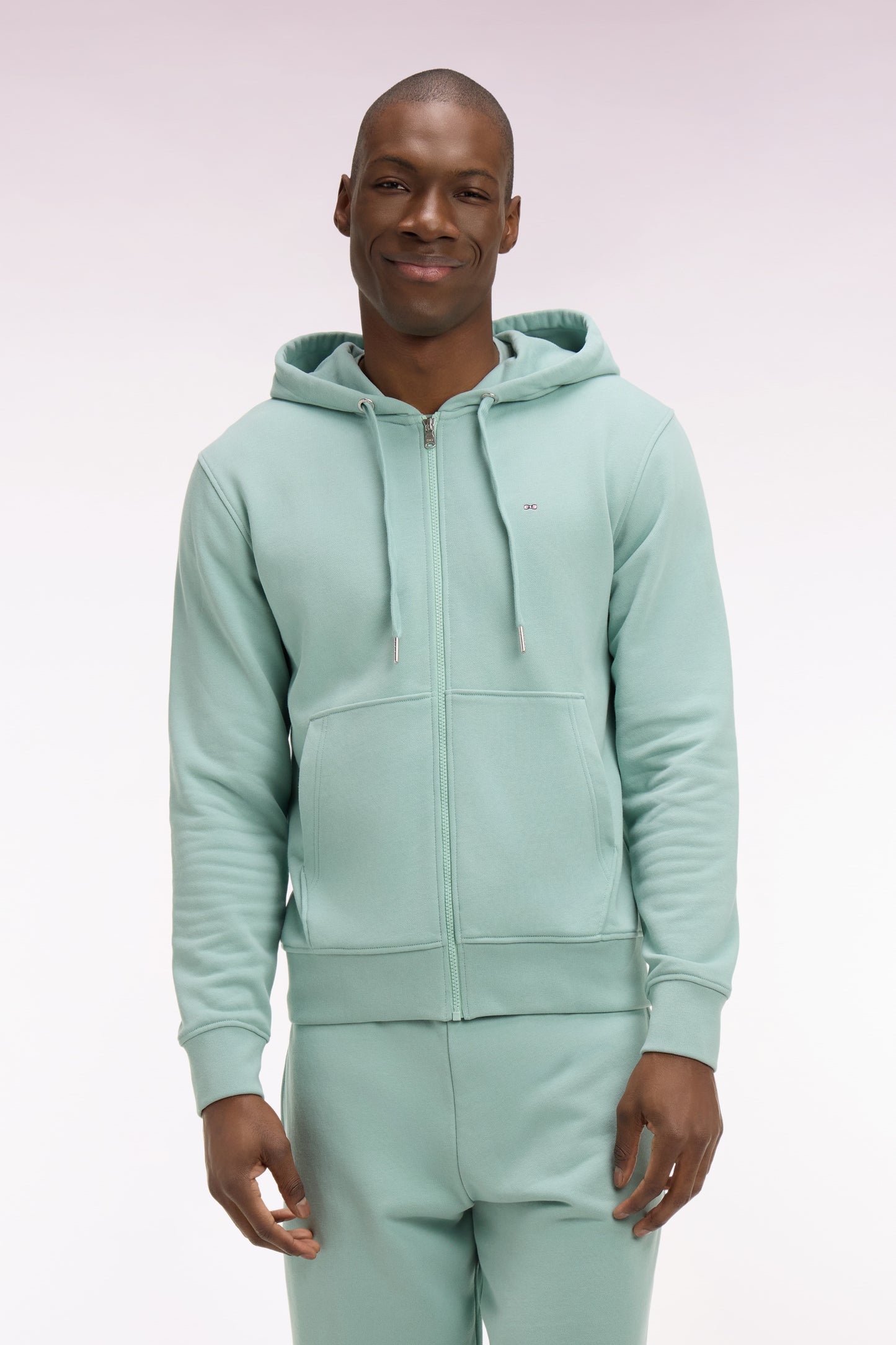 Zipped hooded sweatshirt in sea green cotton fleece