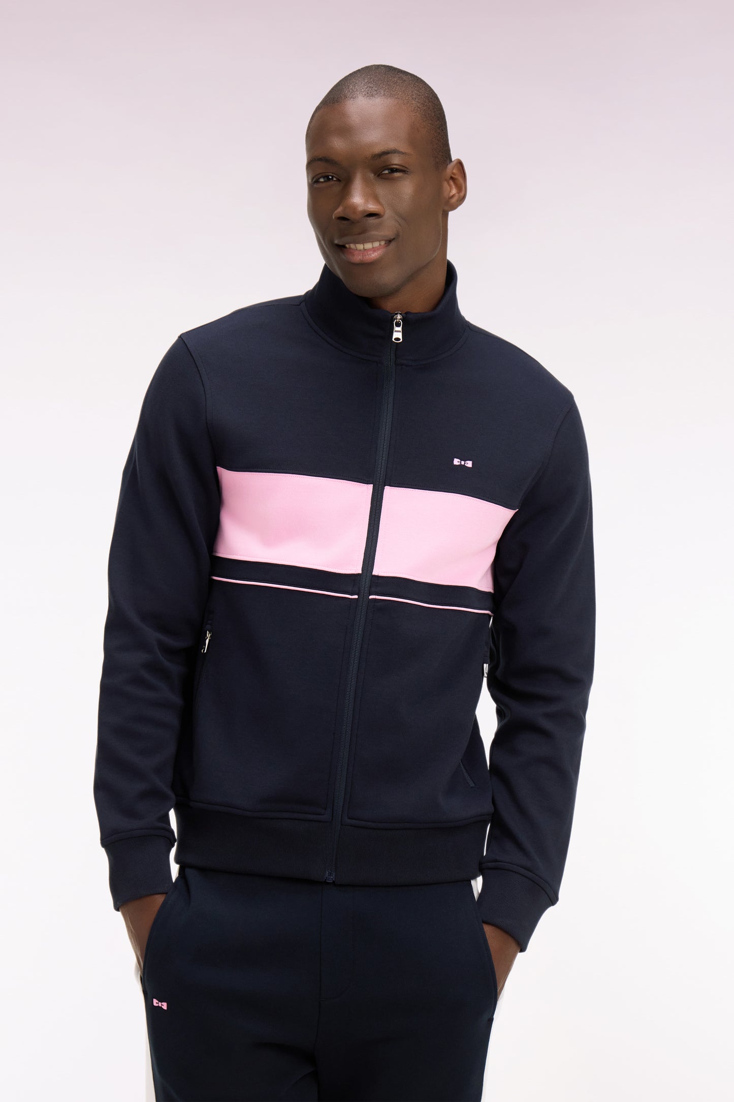 Zipped navy fleece sweatshirt with pink stripe