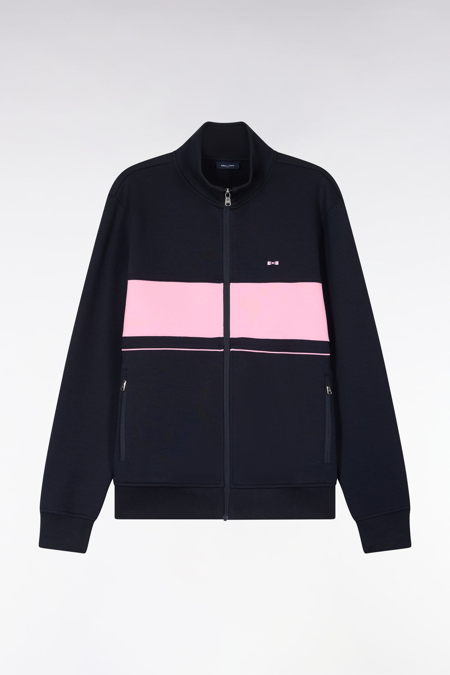 Zipped navy fleece sweatshirt with pink stripe