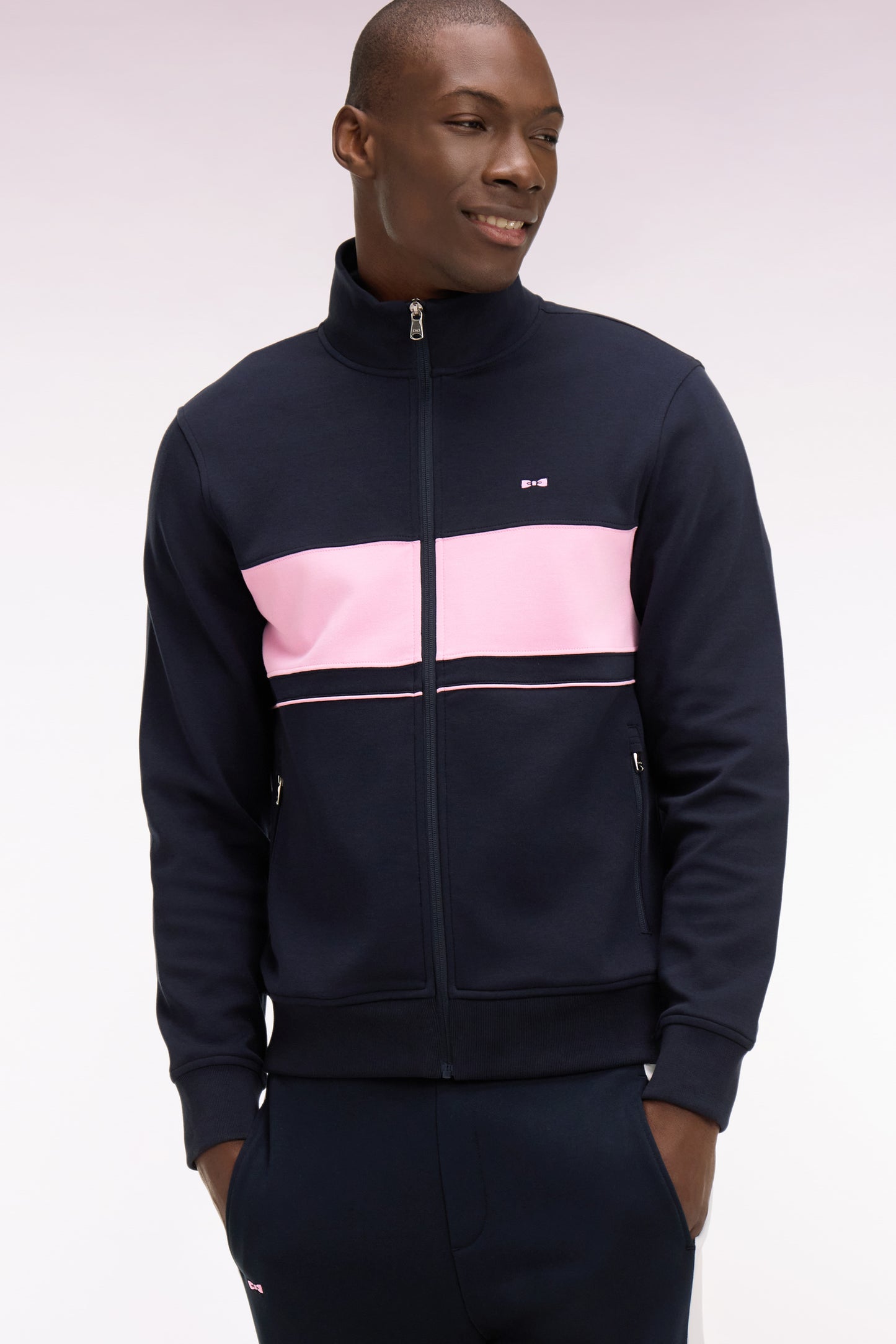 Zipped navy fleece sweatshirt with pink stripe