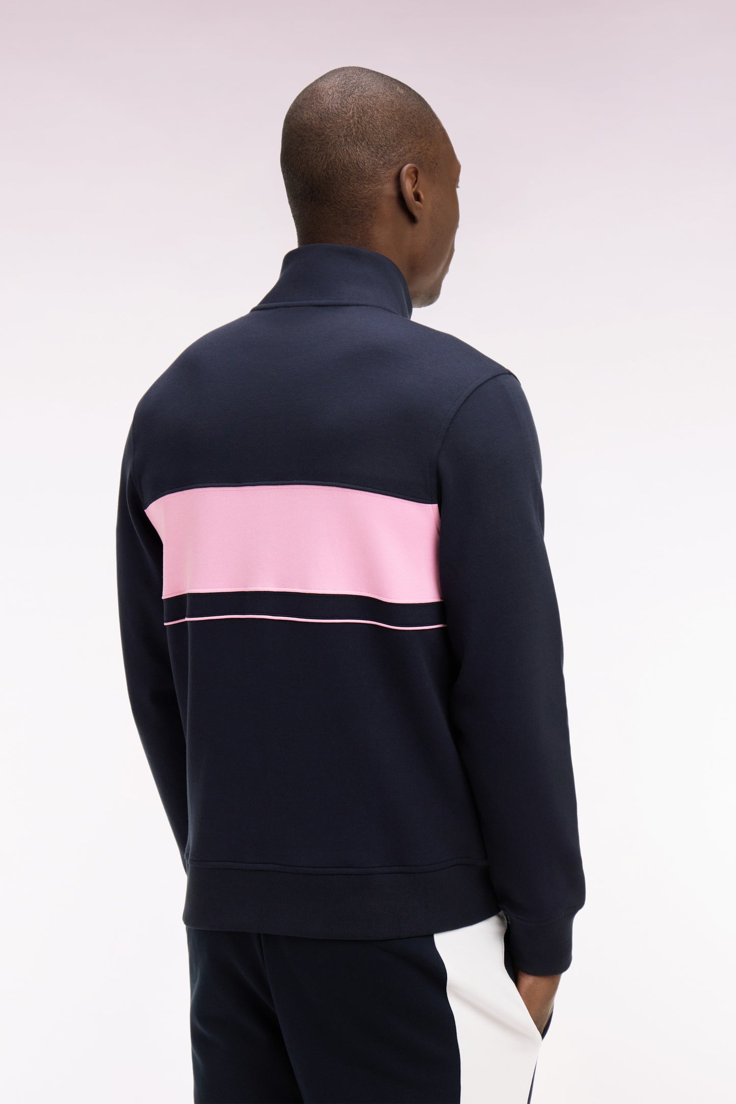 Zipped navy fleece sweatshirt with pink stripe
