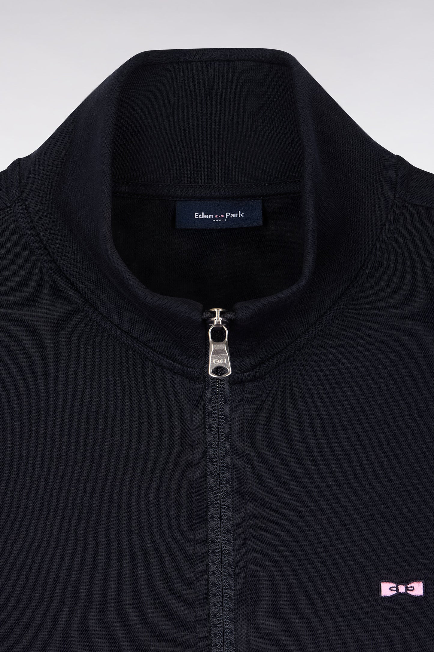 Zipped navy fleece sweatshirt with pink stripe