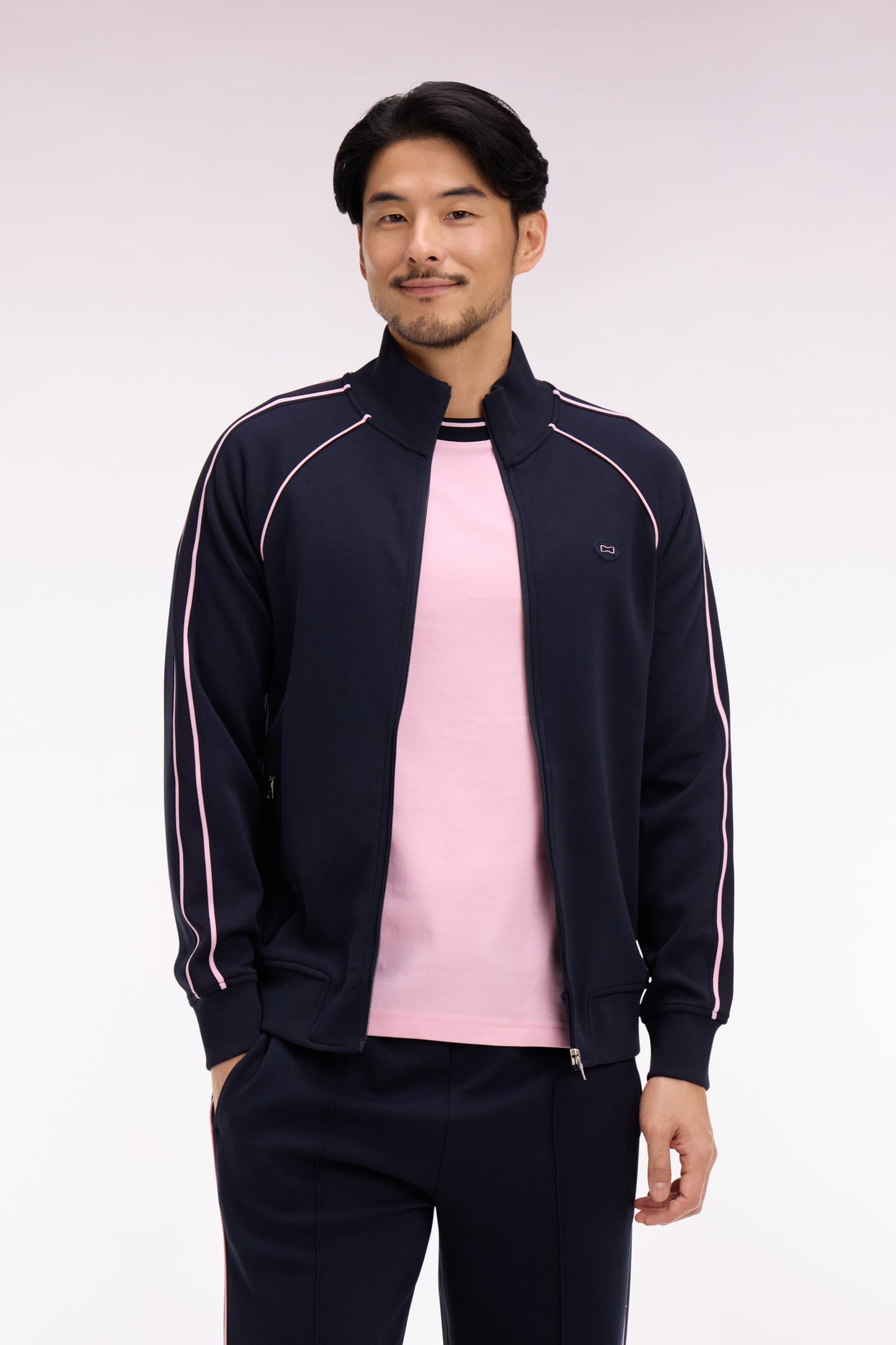 Sweatshirt zippé en interlock marine découpe ruban coupe regular