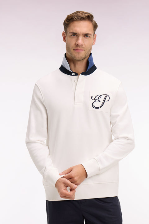 Regular fit jersey collar sweatshirt in embroidered ecru fleece - Image 3