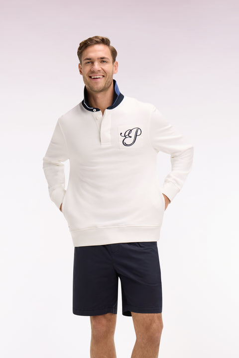 Regular fit jersey collar sweatshirt in embroidered ecru fleece - Image 1
