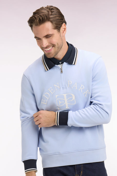 Regular fit light blue embroidered zip-neck sweatshirt - Image 1
