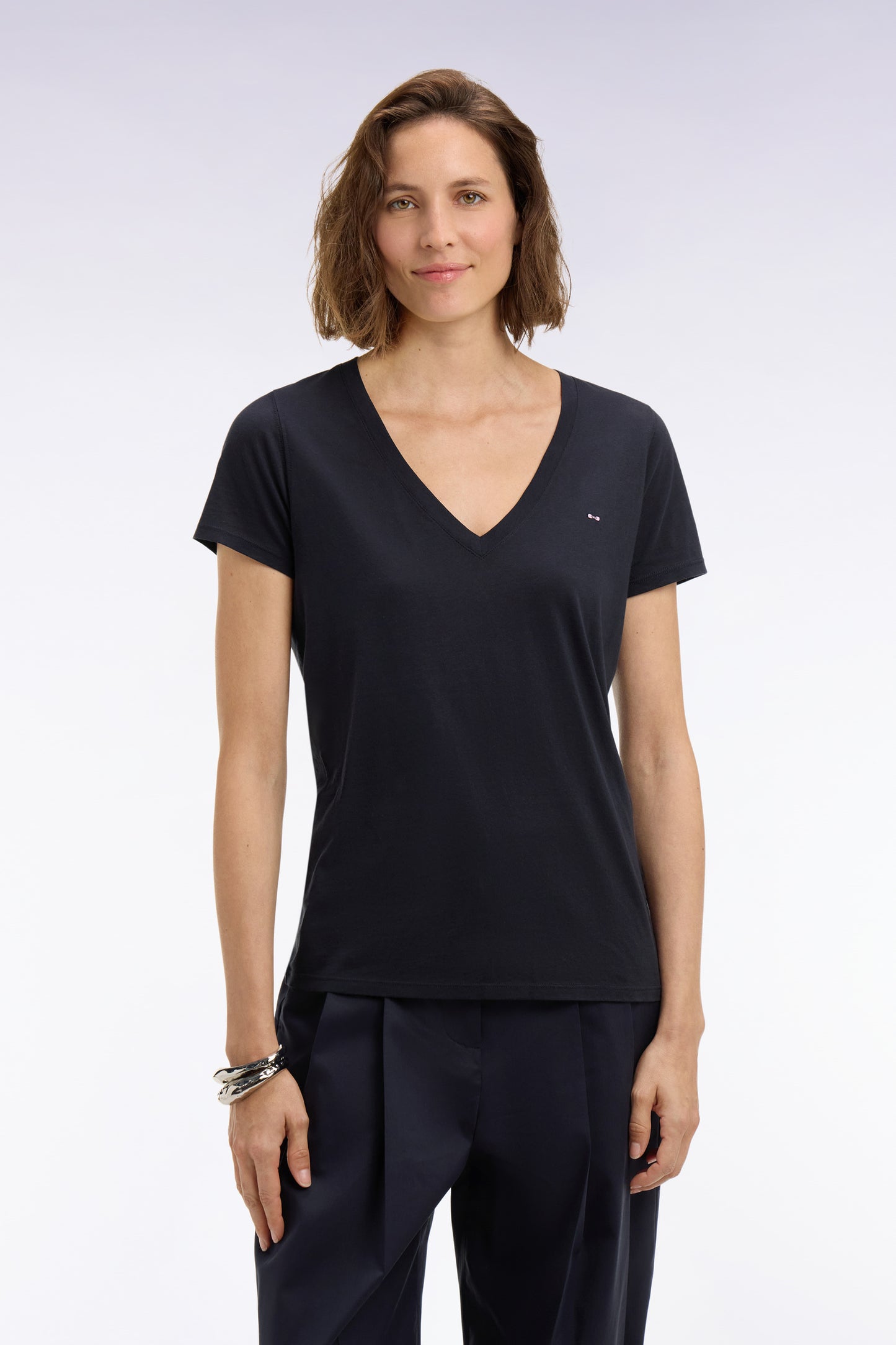 Short-sleeved V-neck T-shirt in navy Pima cotton, regular fit