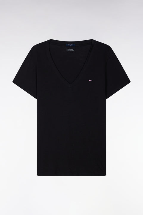 T-shirt à manches courtes col V en coton Pima noir coupe regular - Image 2