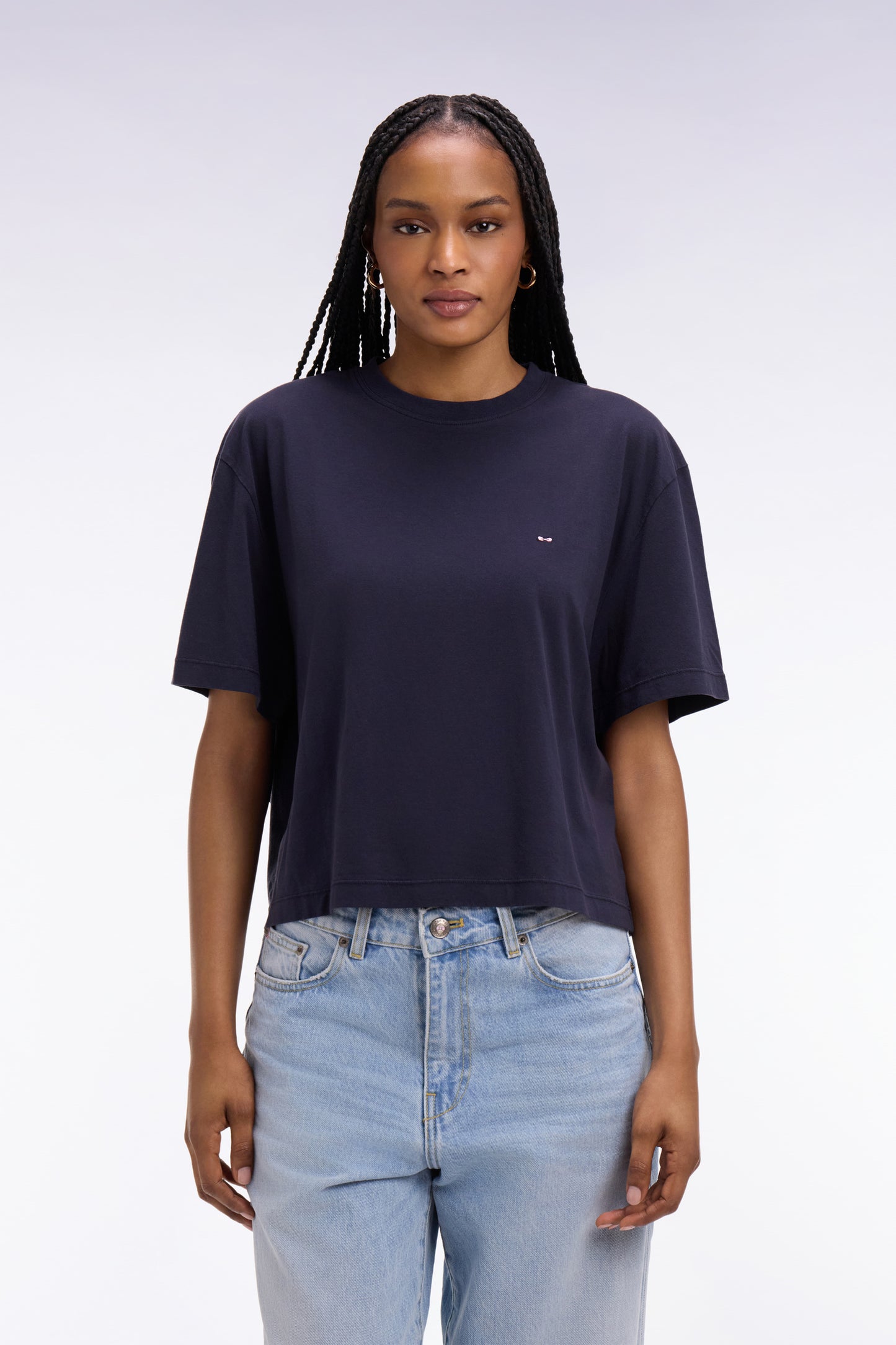 Short-sleeved t-shirt in navy lyocell and cotton oversized cut