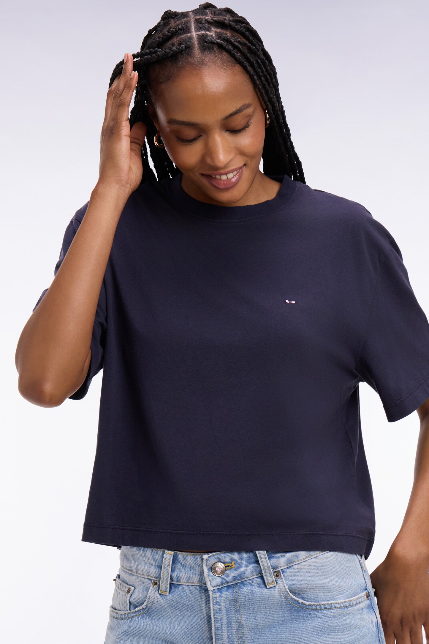 Short-sleeved t-shirt in navy lyocell and cotton oversized cut