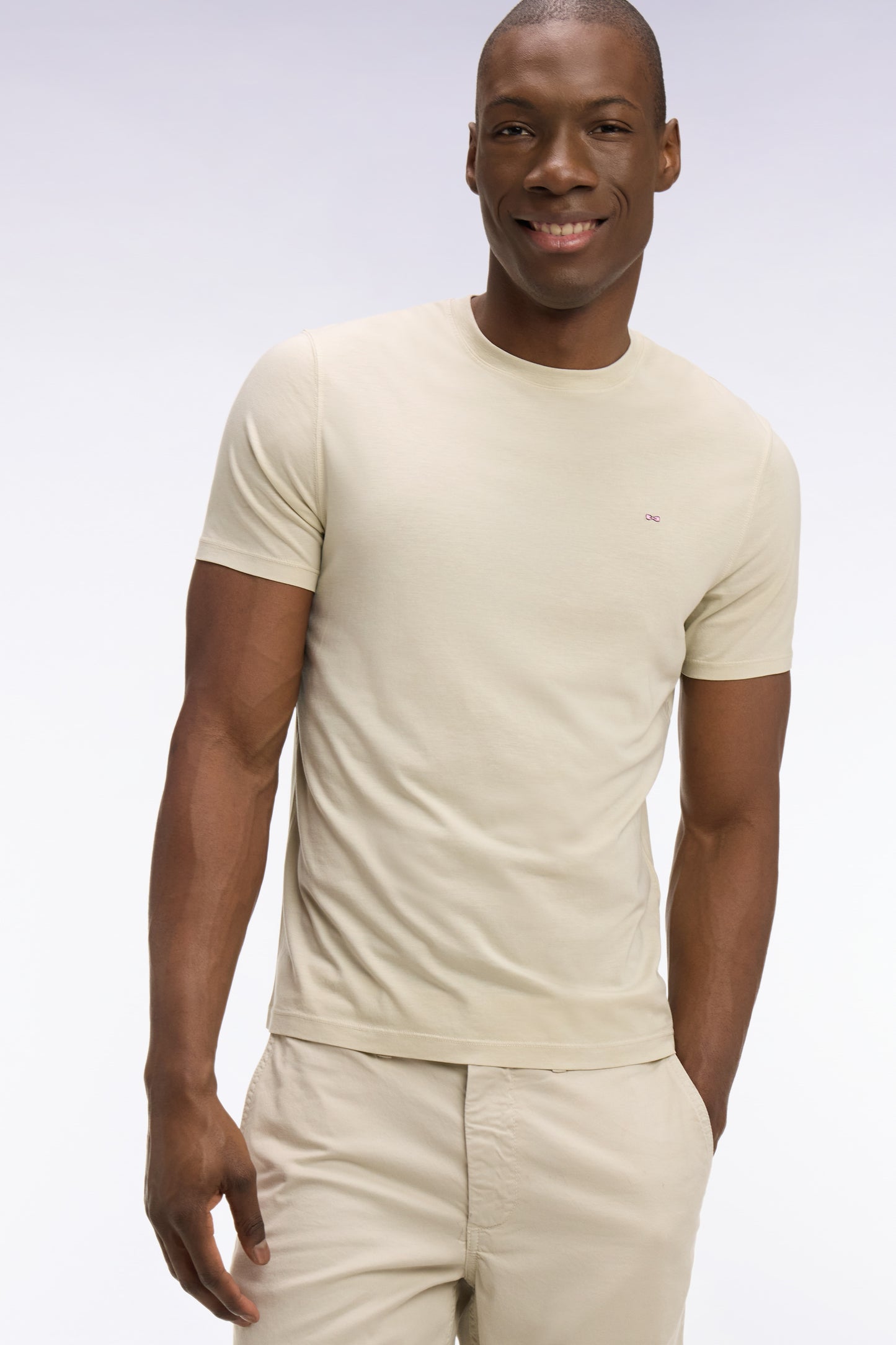 T-shirt à manches courtes en lyocell et coton beige coupe regular