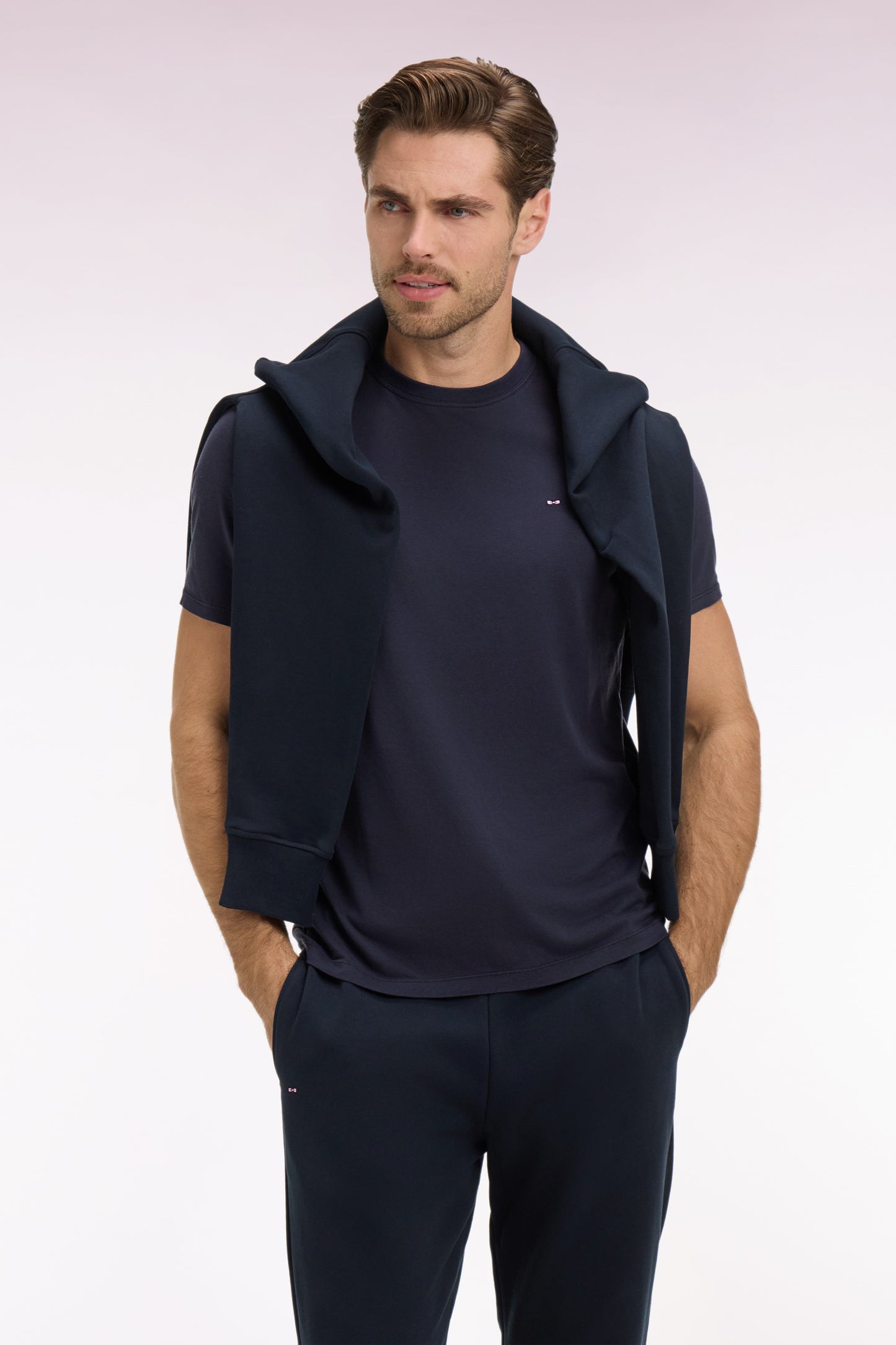 T-shirt à manches courtes en lyocell et coton marine coupe regular