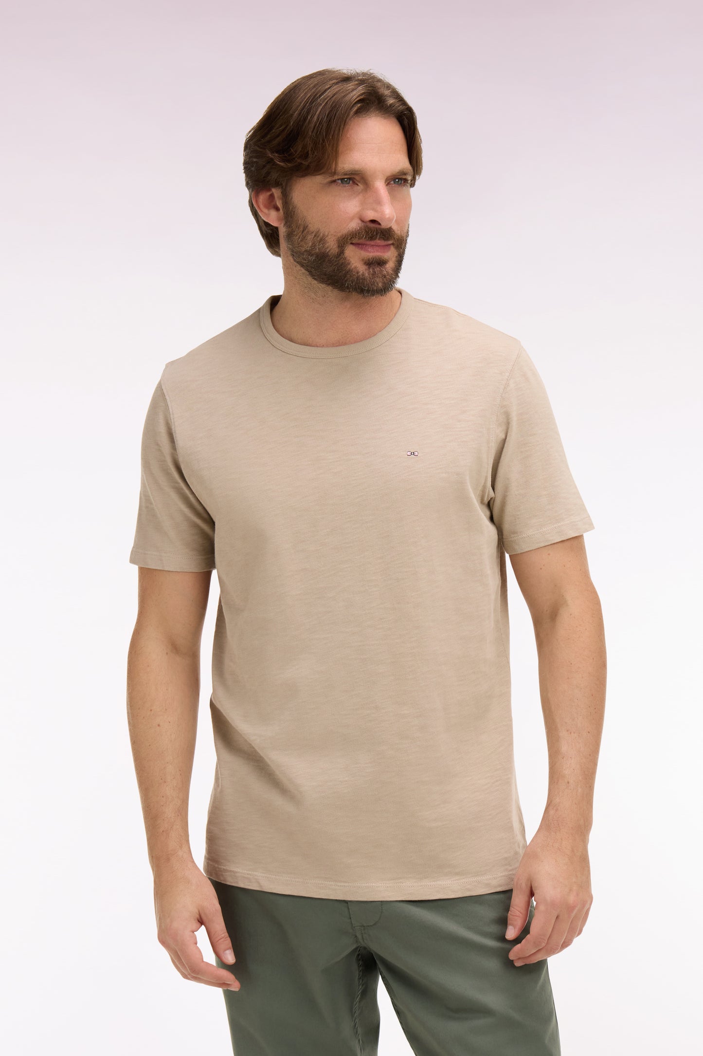 Short-sleeved T-shirt in beige slub cotton jersey, regular fit
