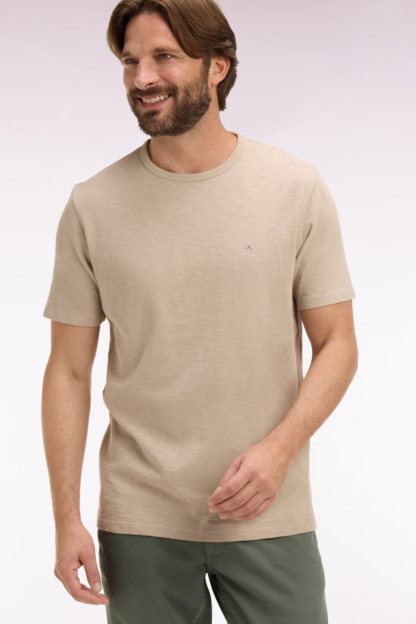 Short-sleeved T-shirt in beige slub cotton jersey, regular fit