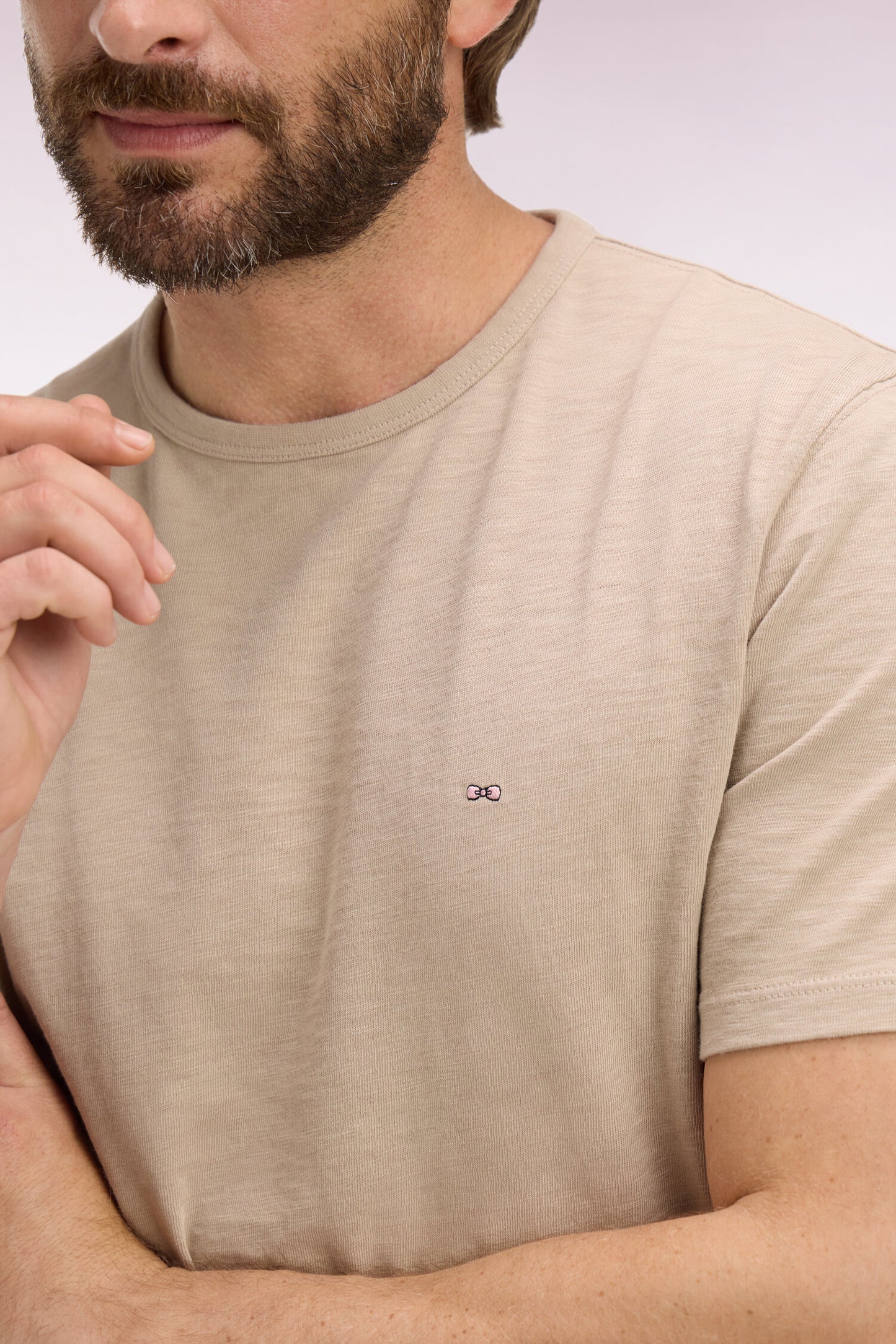 Short-sleeved T-shirt in beige slub cotton jersey, regular fit