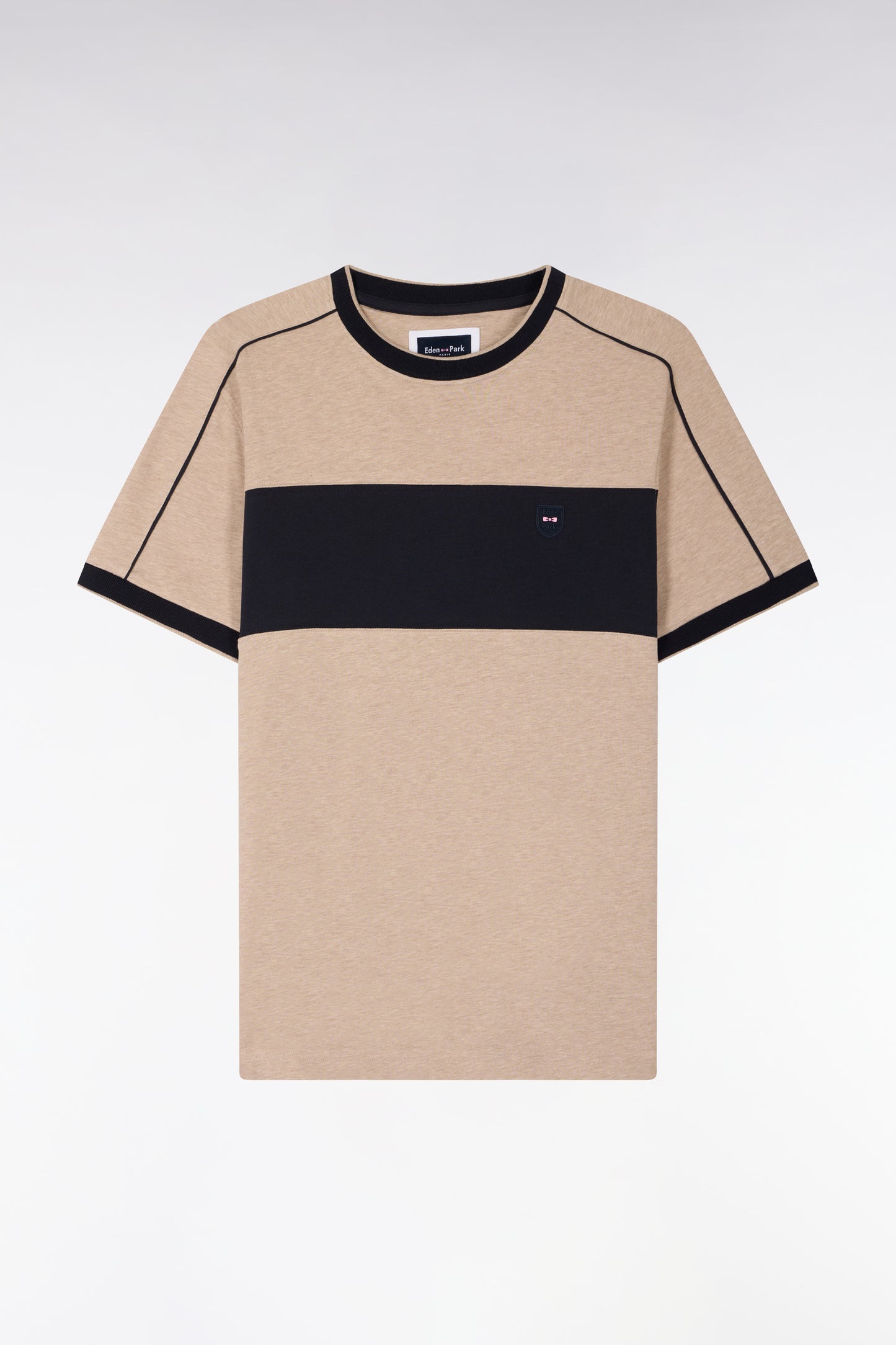 Short-sleeved beige stretch cotton T-shirt with cutouts, slim fit