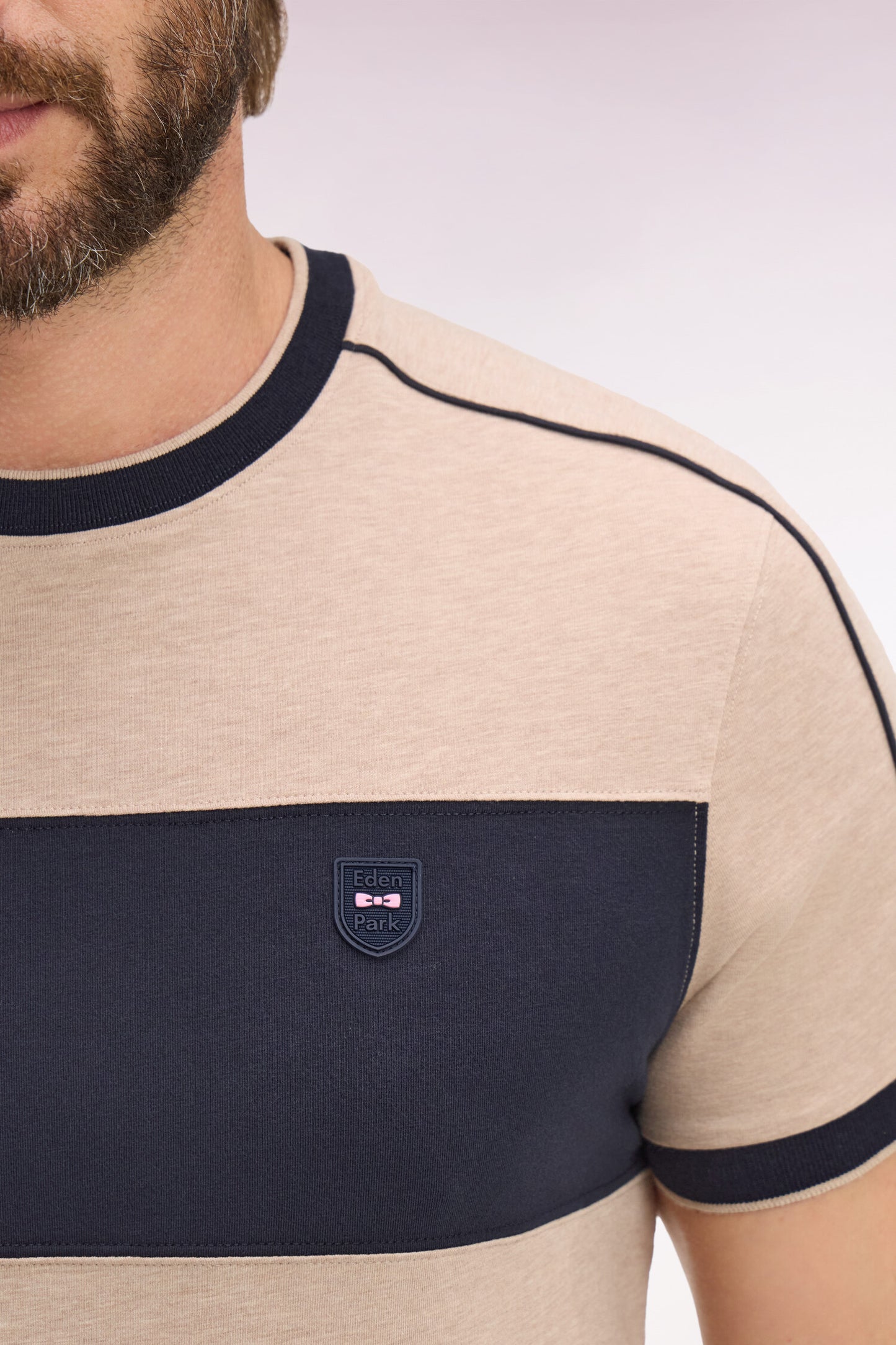 Short-sleeved beige stretch cotton T-shirt with cutouts, slim fit