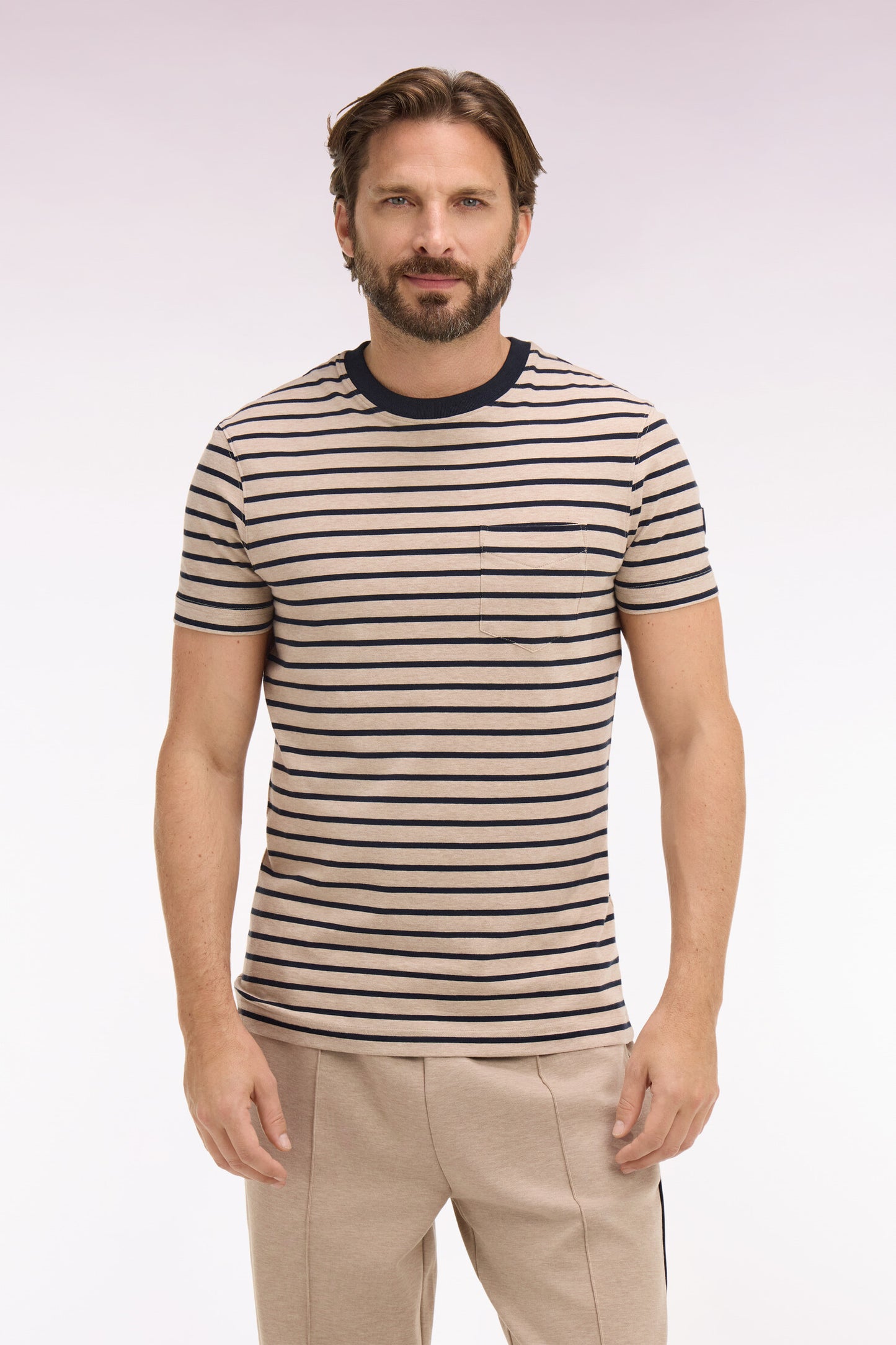 T-shirt à manches courtes en coton stretch rayé beige coupe slim