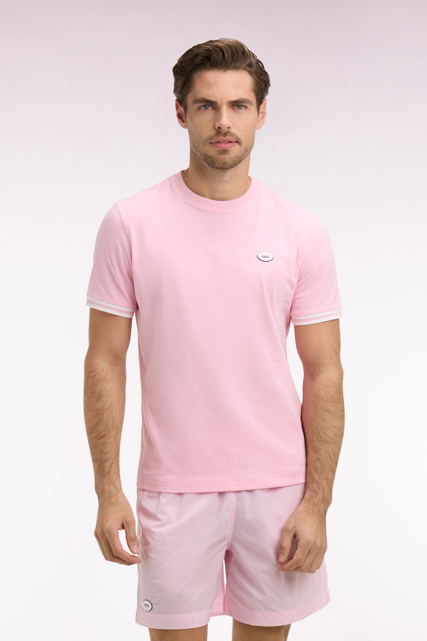 Short-sleeved regular-fit pink cotton T-shirt