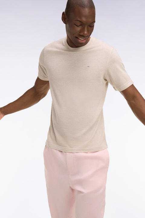 T-shirt à manches courtes en coton et lin beige coupe regular - Image 1