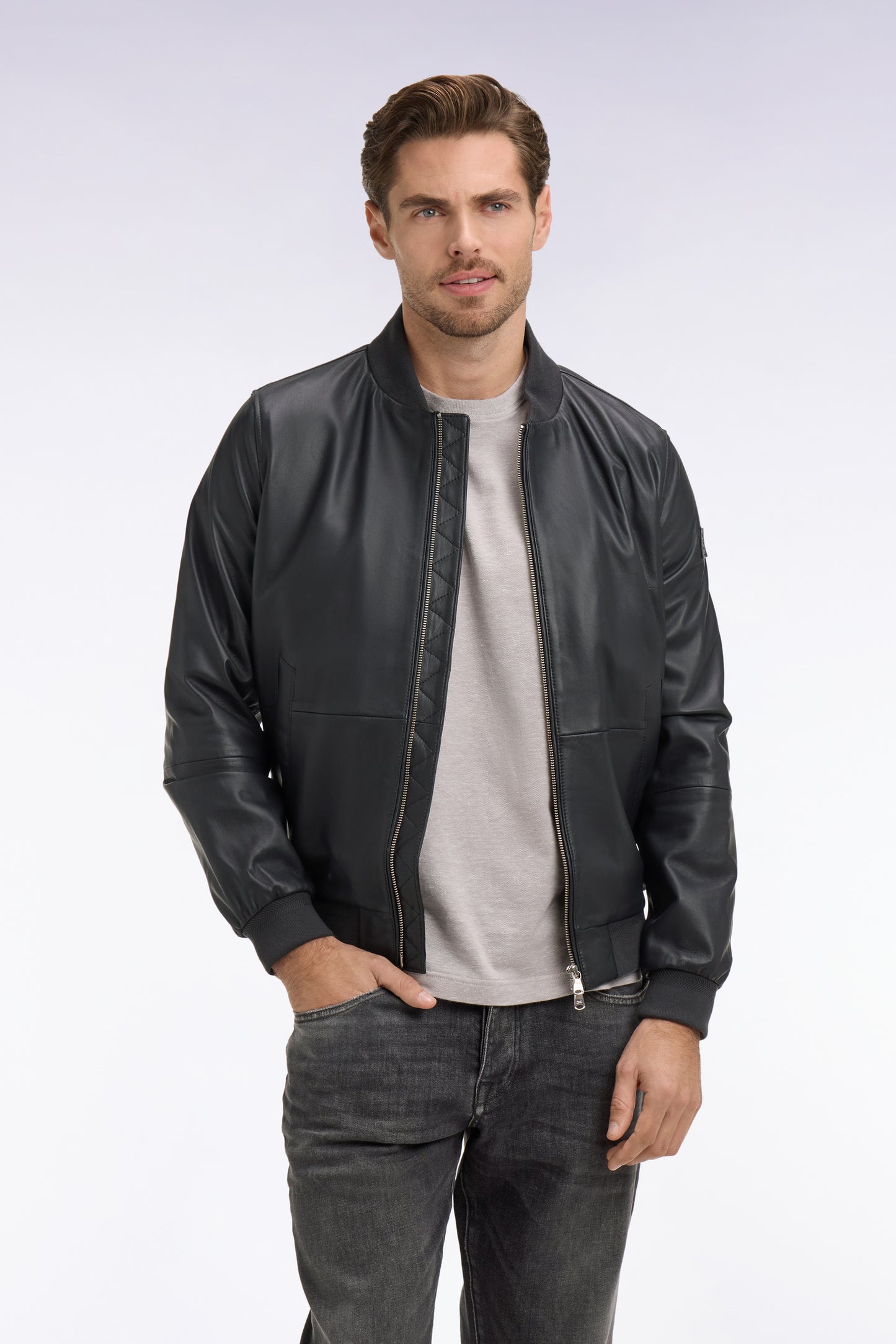 Navy leather bomber jacket