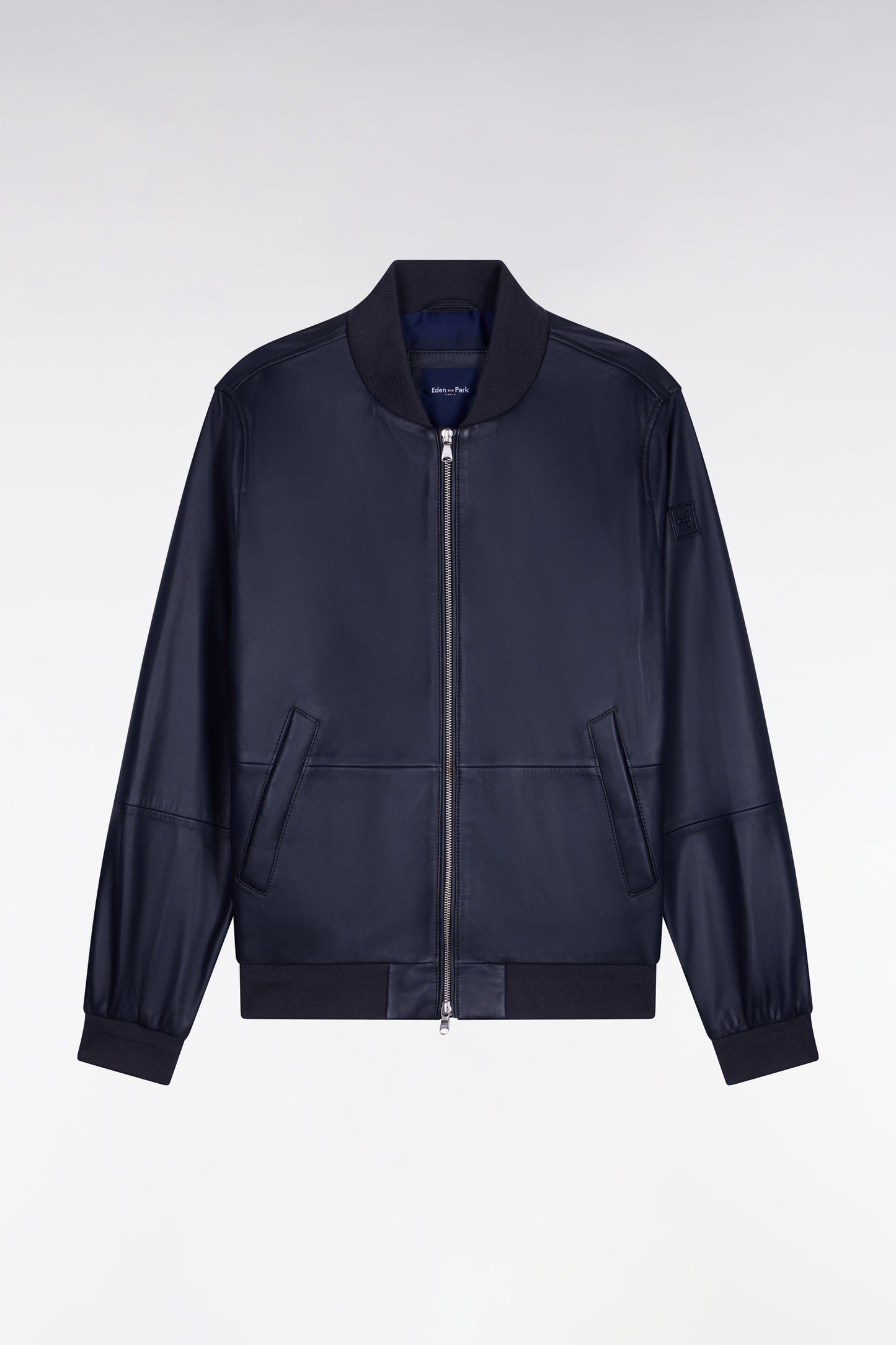 Navy leather bomber jacket