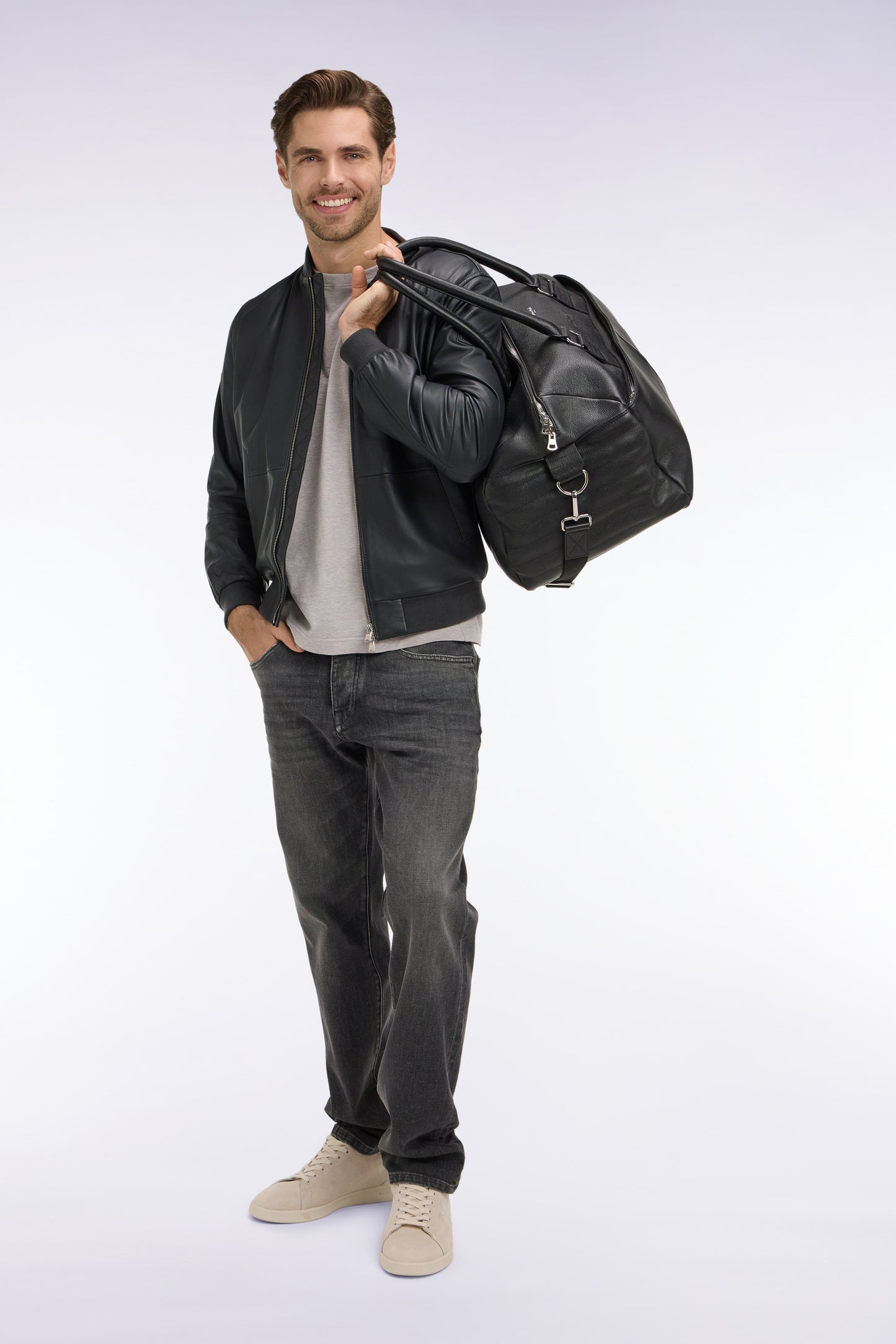 Navy leather bomber jacket