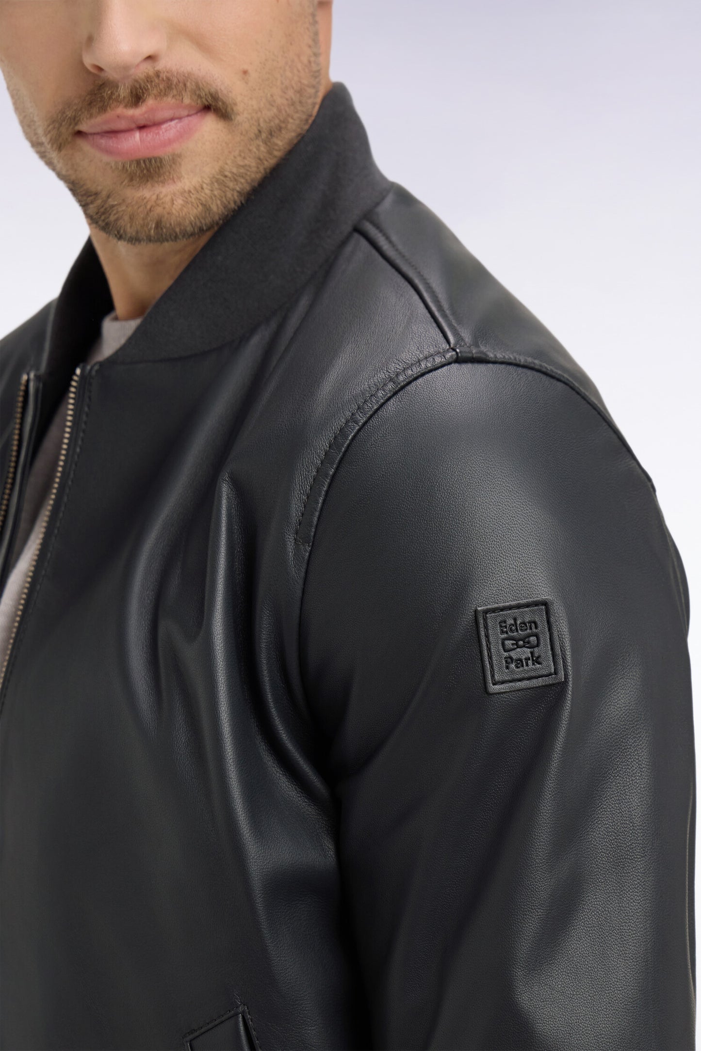 Navy leather bomber jacket