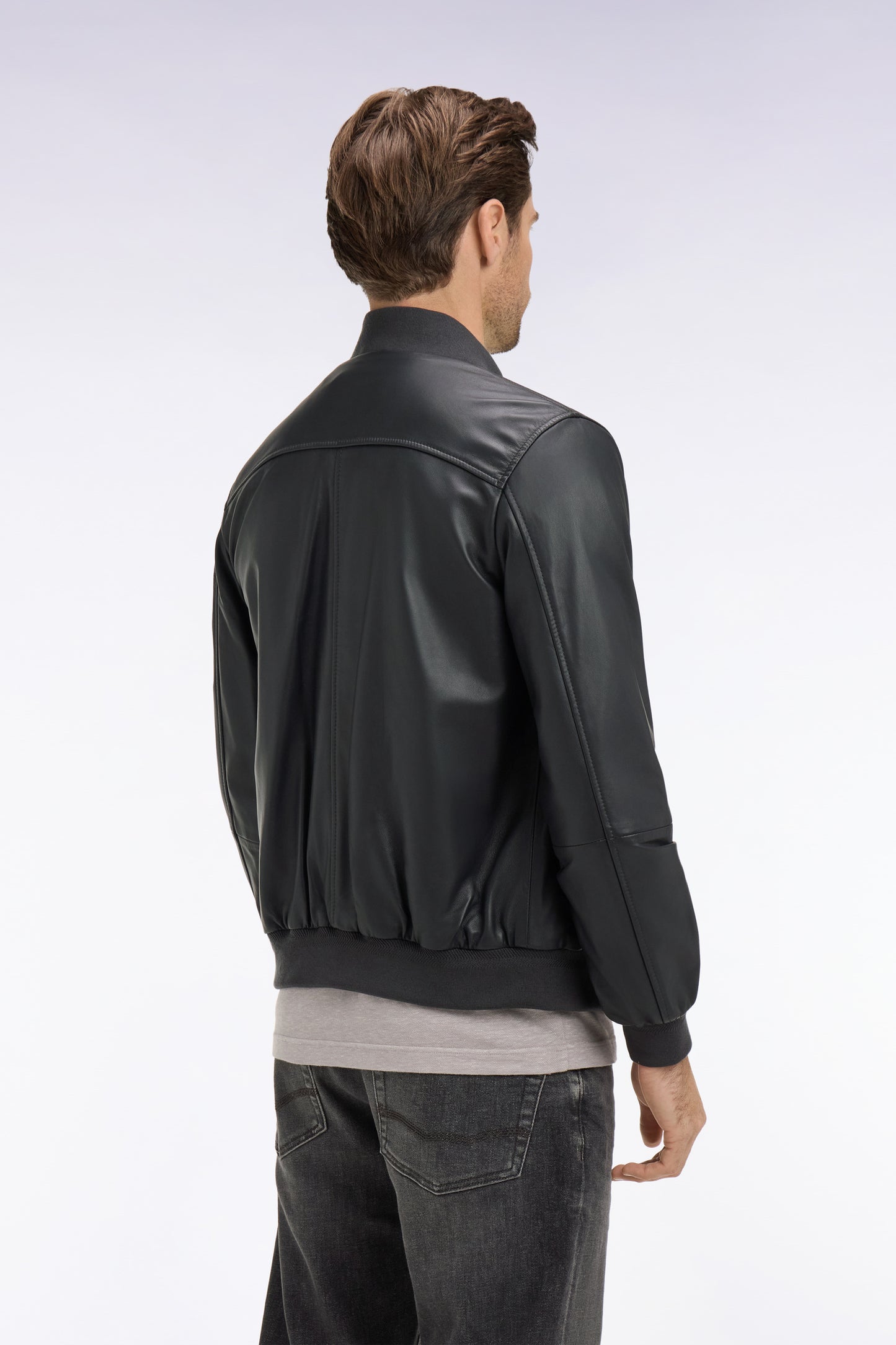 Navy leather bomber jacket